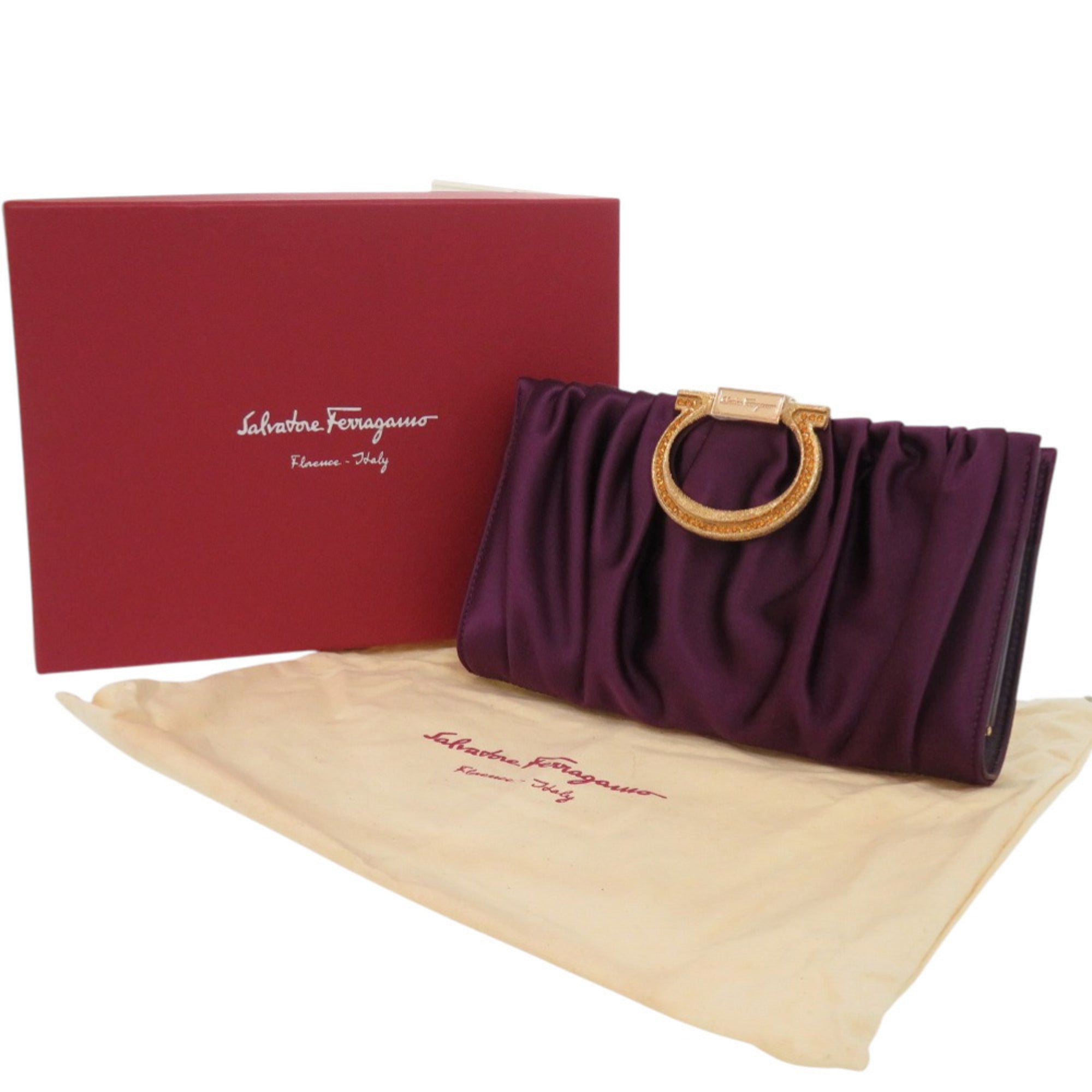Like new Salvatore Ferragamo Gancini E0 21 B912 satin purple clutch bag 0467 — Like New