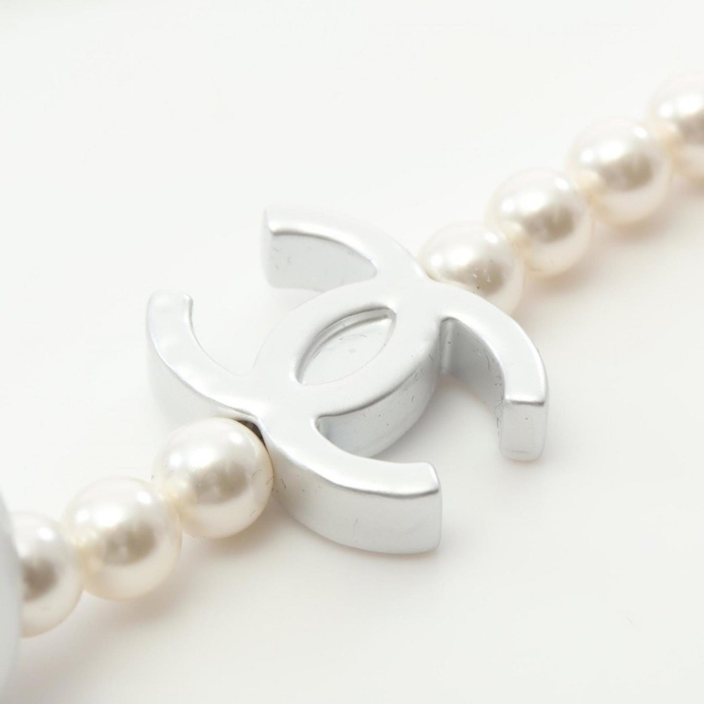 Chanel Coco Mark Necklace in Stainless Steel with Faux Pearls, Silver and Ivory, ABE925