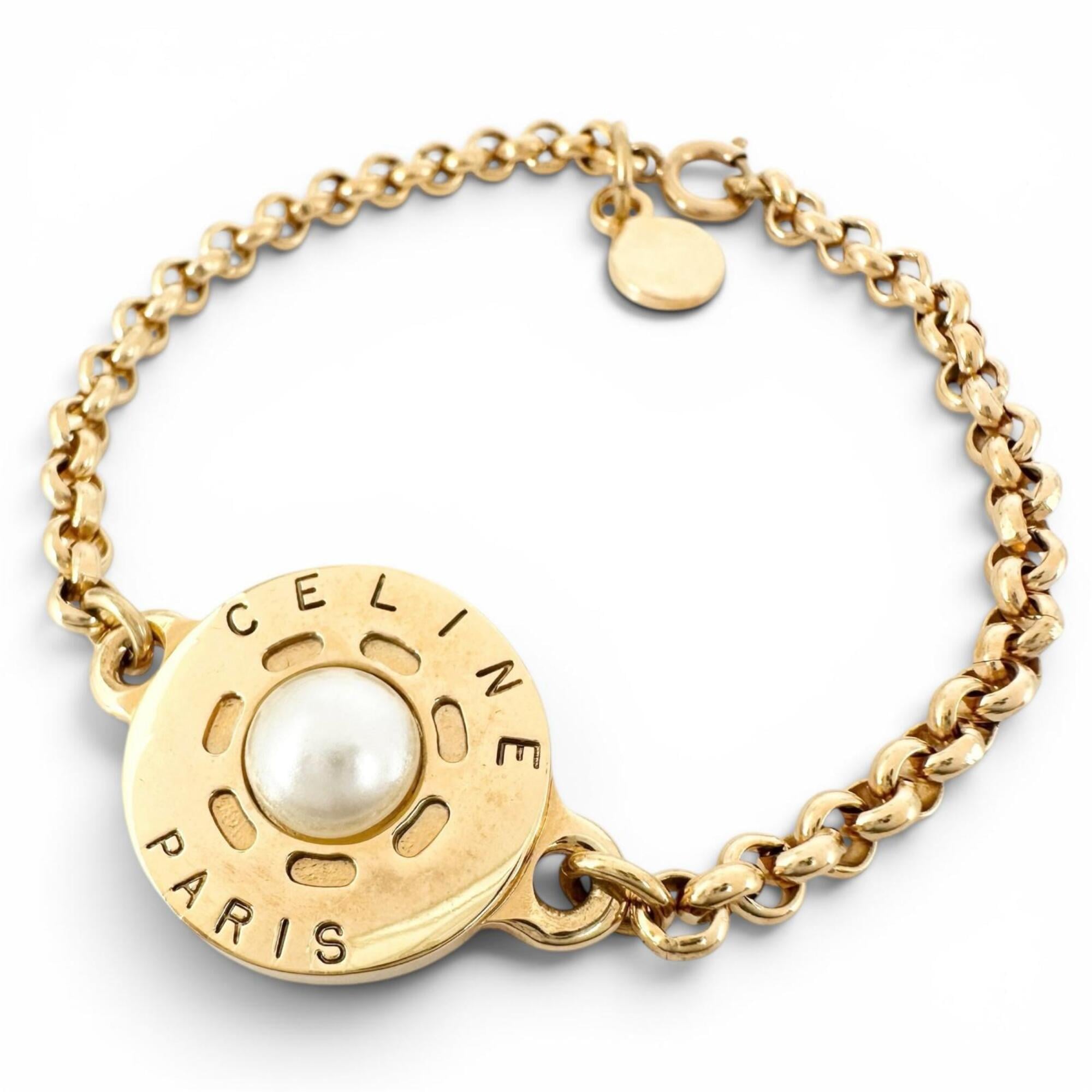 CELINE Vintage Faux Pearl Plated Circle Logo Bracelet, Gold, Made in France, Women's — Like New