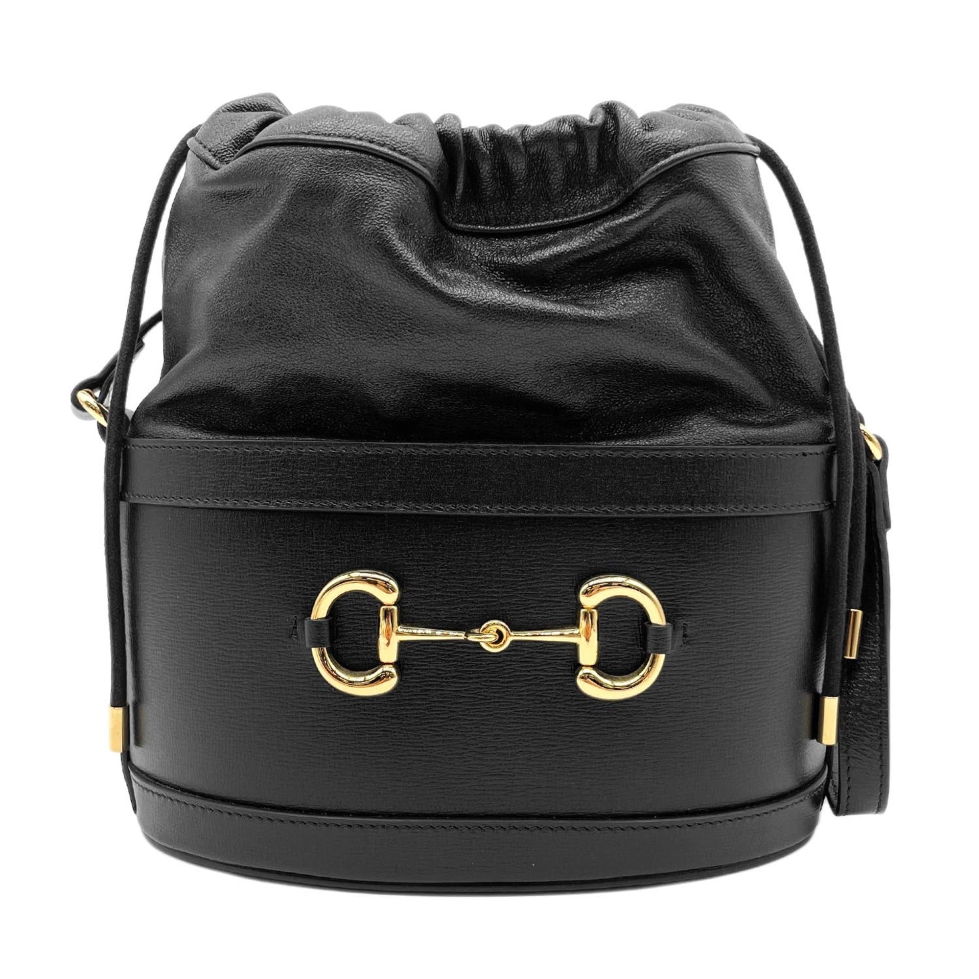 GUCCI Horsebit 1955 Bucket Drawstring Shoulder Bag, Leather, Black, Women's — Like New