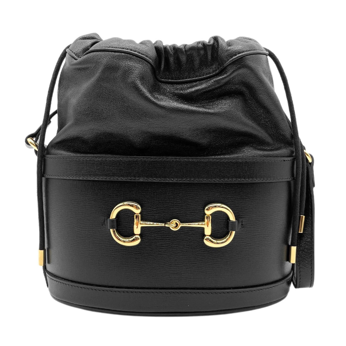 GUCCI Horsebit 1955 Bucket Drawstring Shoulder Bag, Leather, Black, Women's — Like New