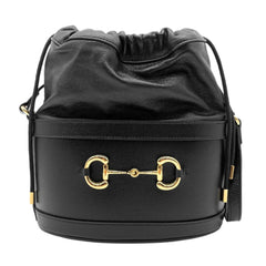 GUCCI Horsebit 1955 Bucket Drawstring Shoulder Bag, Leather, Black, Women's — Like New