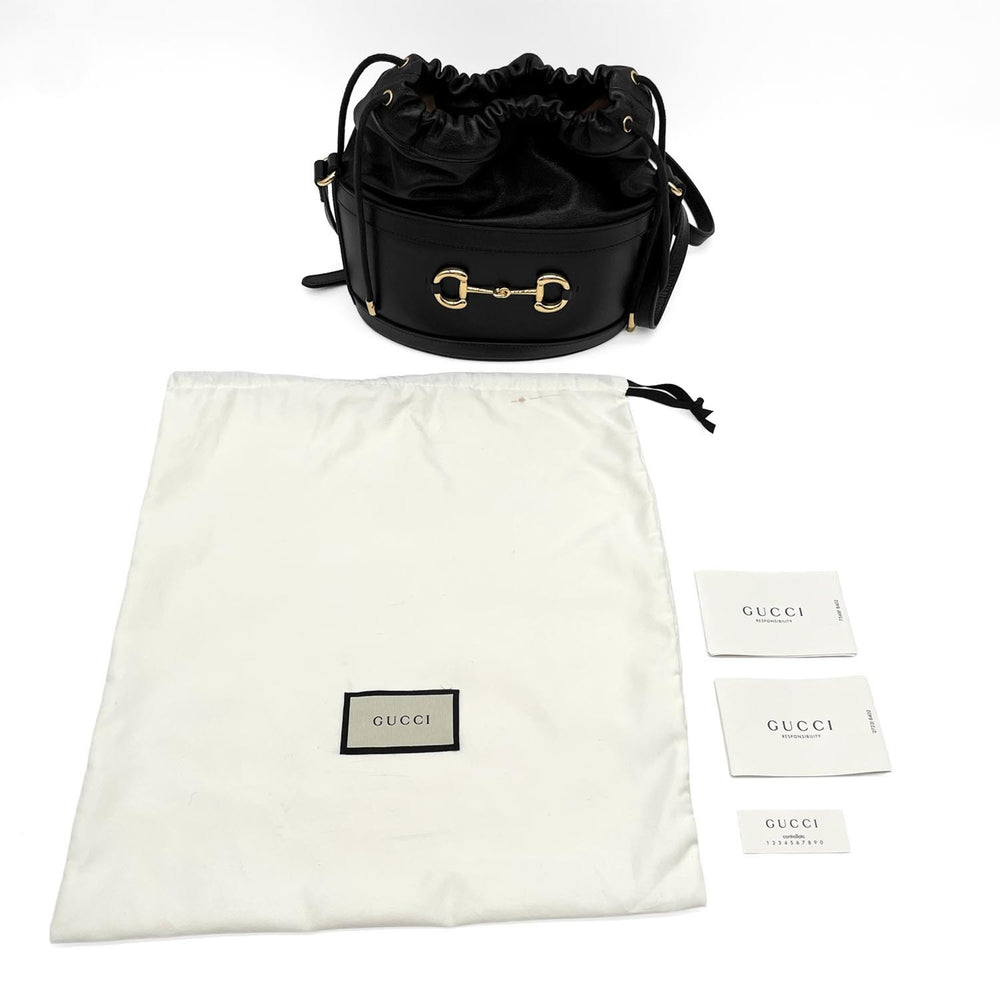 GUCCI Horsebit 1955 Bucket Drawstring Shoulder Bag, Leather, Black, Women's — Like New