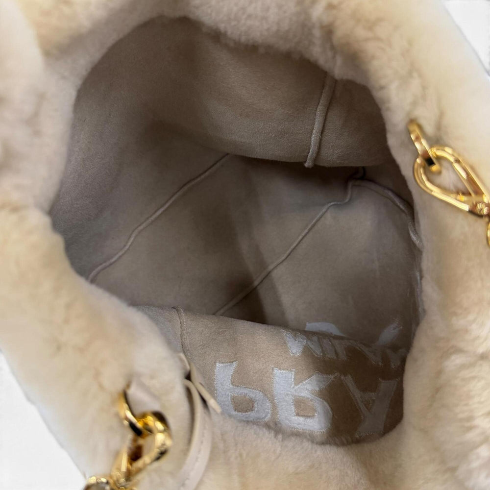 PRADA 1BG447 Terry Shearling Tote Sheepskin Triangle Logo Pouch Included 2-Way Shoulder Bag Beige Made in Italy Women's — Like New