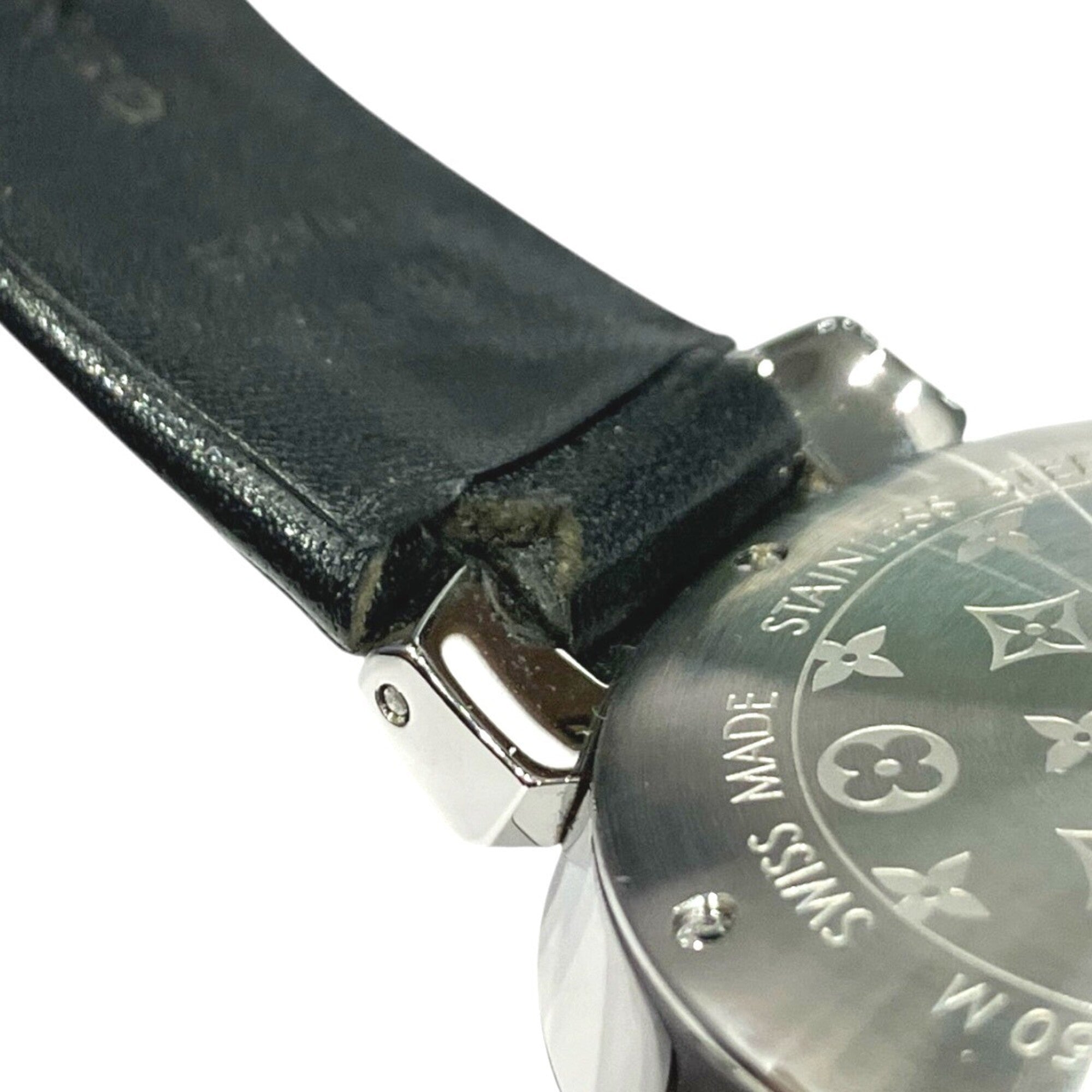 Louis Vuitton Tambour watch, total weight 48g, stainless steel, genuine leather strap, quartz movement, silver dial, Q13MJ — Good