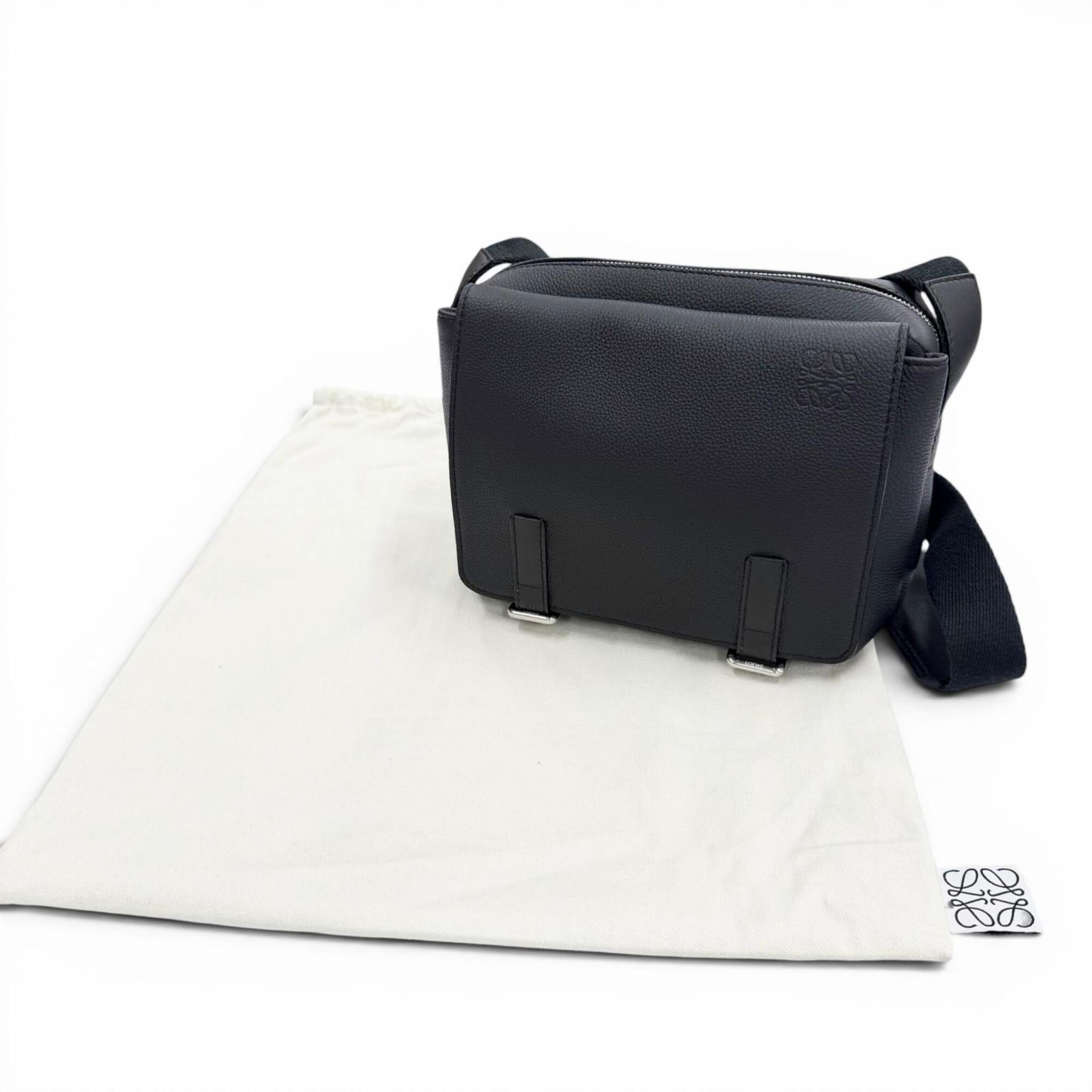 LOEWE B553A72X22 Leather Anagram Logo Military Messenger Shoulder Bag, Black, XS, Made in Portugal, Men's, with Dust Bag — Like New