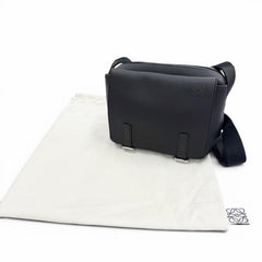 LOEWE B553A72X22 Leather Anagram Logo Military Messenger Shoulder Bag, Black, XS, Made in Portugal, Men's, with Dust Bag — Like New