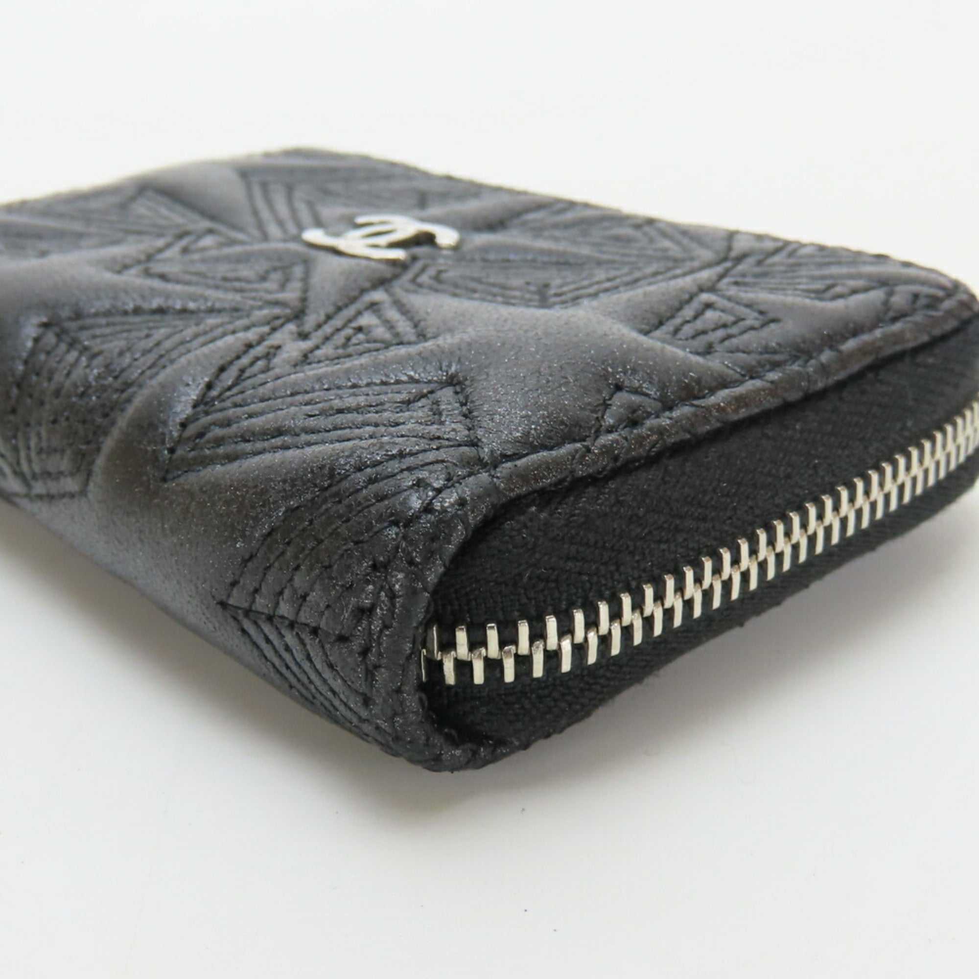 CHANEL Wallet/Coin Case, Star Embossed Coco Mark, Metallic Lambskin, Black, Round Zip, Women's