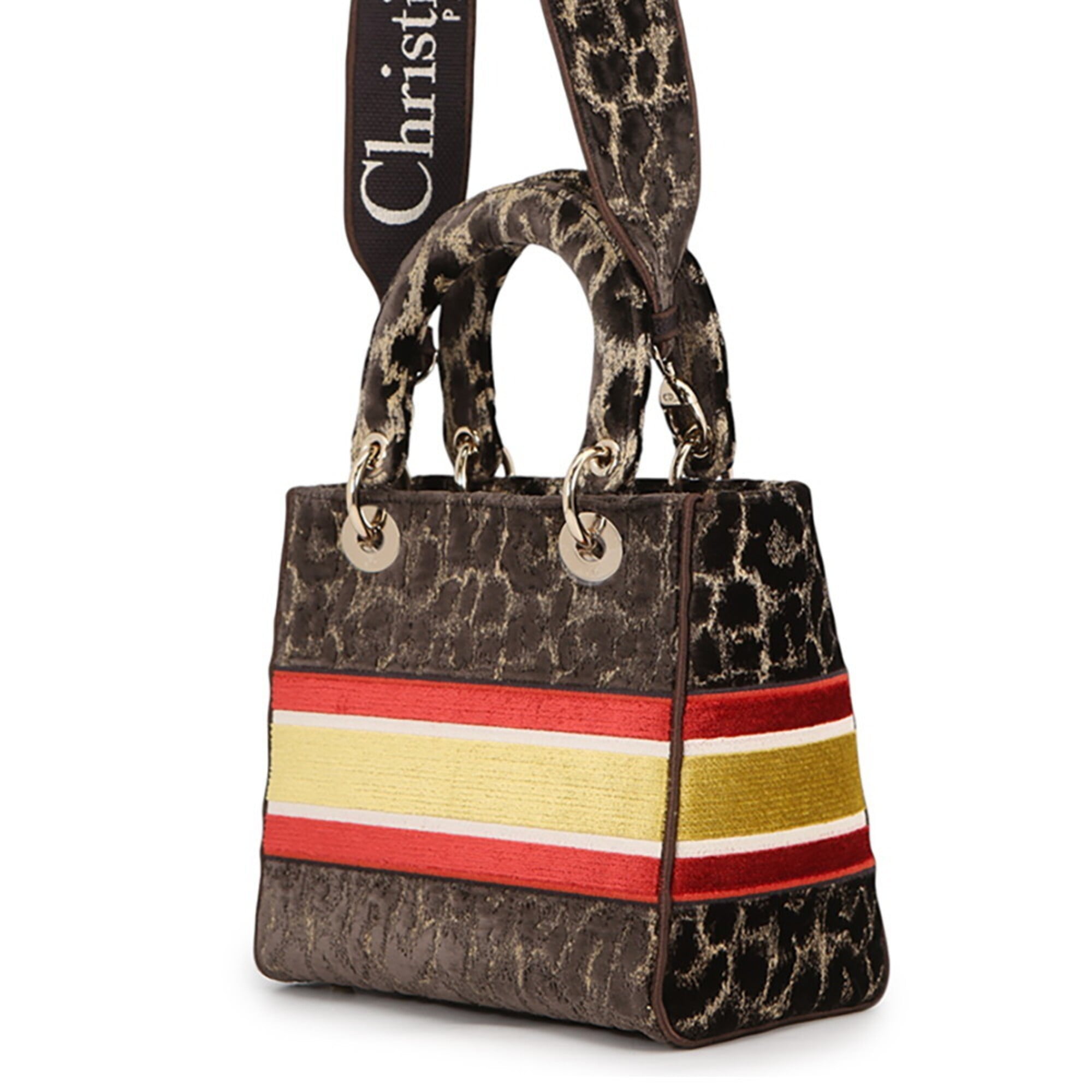 Christian Dior Lady D-Lite Medium Velvet Handbag M0565OTGT 2-way Leopard Print for Women — Like New