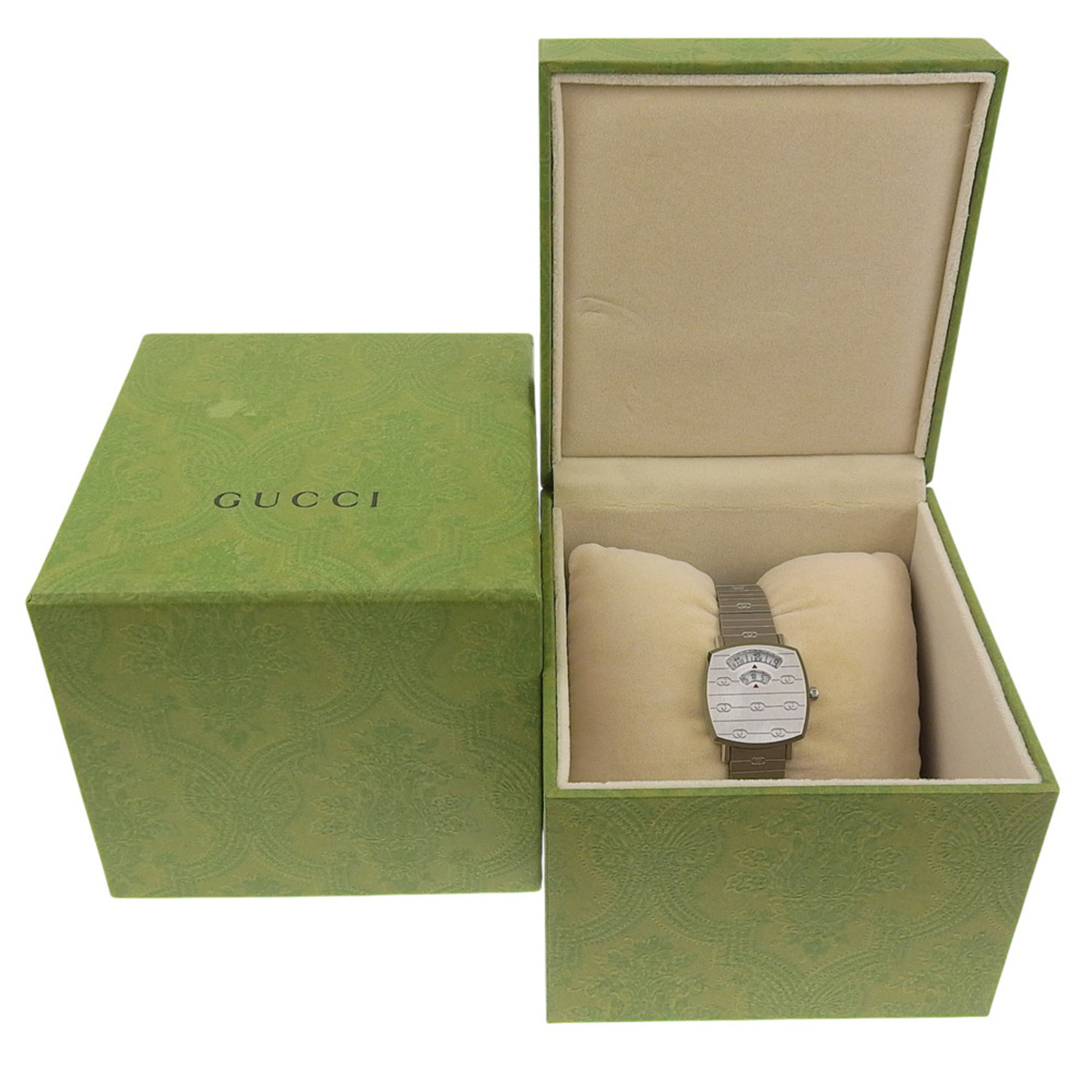 Gucci Grip Watch, Interlocking G, 157.5mm, Stainless Steel, Quartz Movement, Analog Display, White Dial, Women's — Very Good