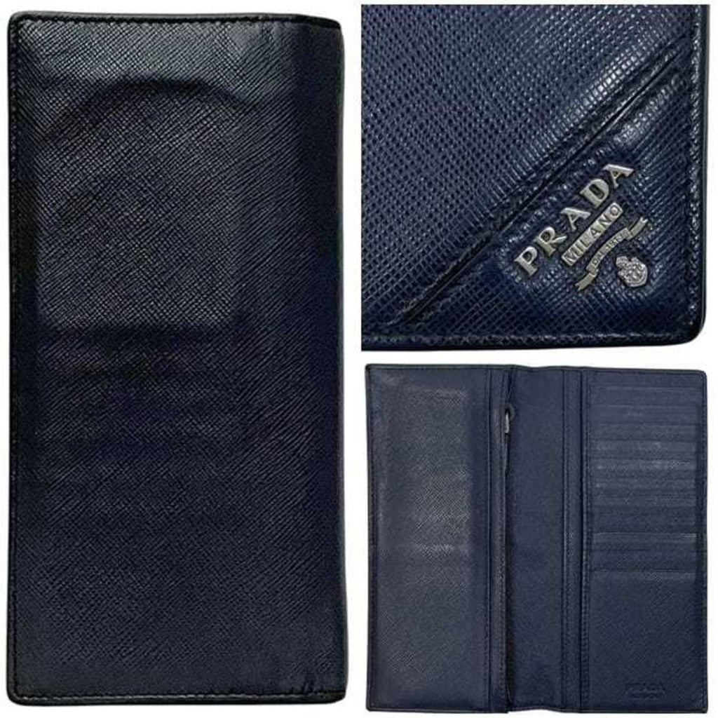 Prada bifold long wallet ec-24533 navy 2MV836 Saffiano leather size 42 PRADA blue triangular plate men's hardware