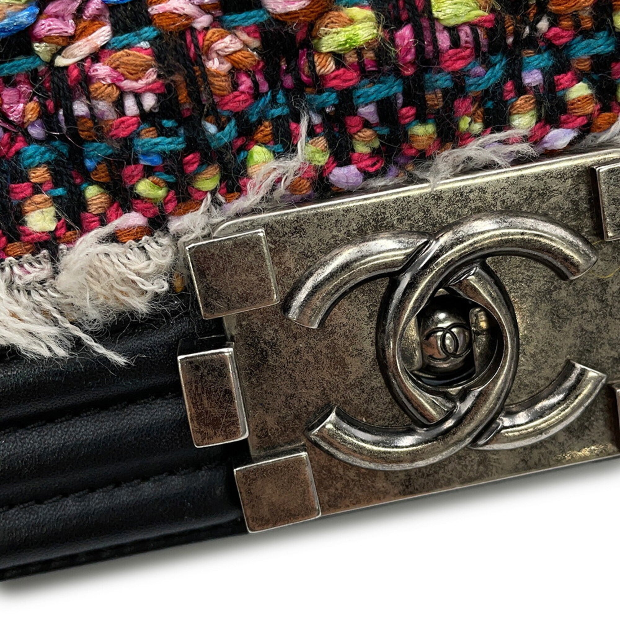 Chanel Chain Shoulder Bag Boy Small Matelassé Coco Mark Lambskin Tweed CHANEL Black Handbag Women's — Like New