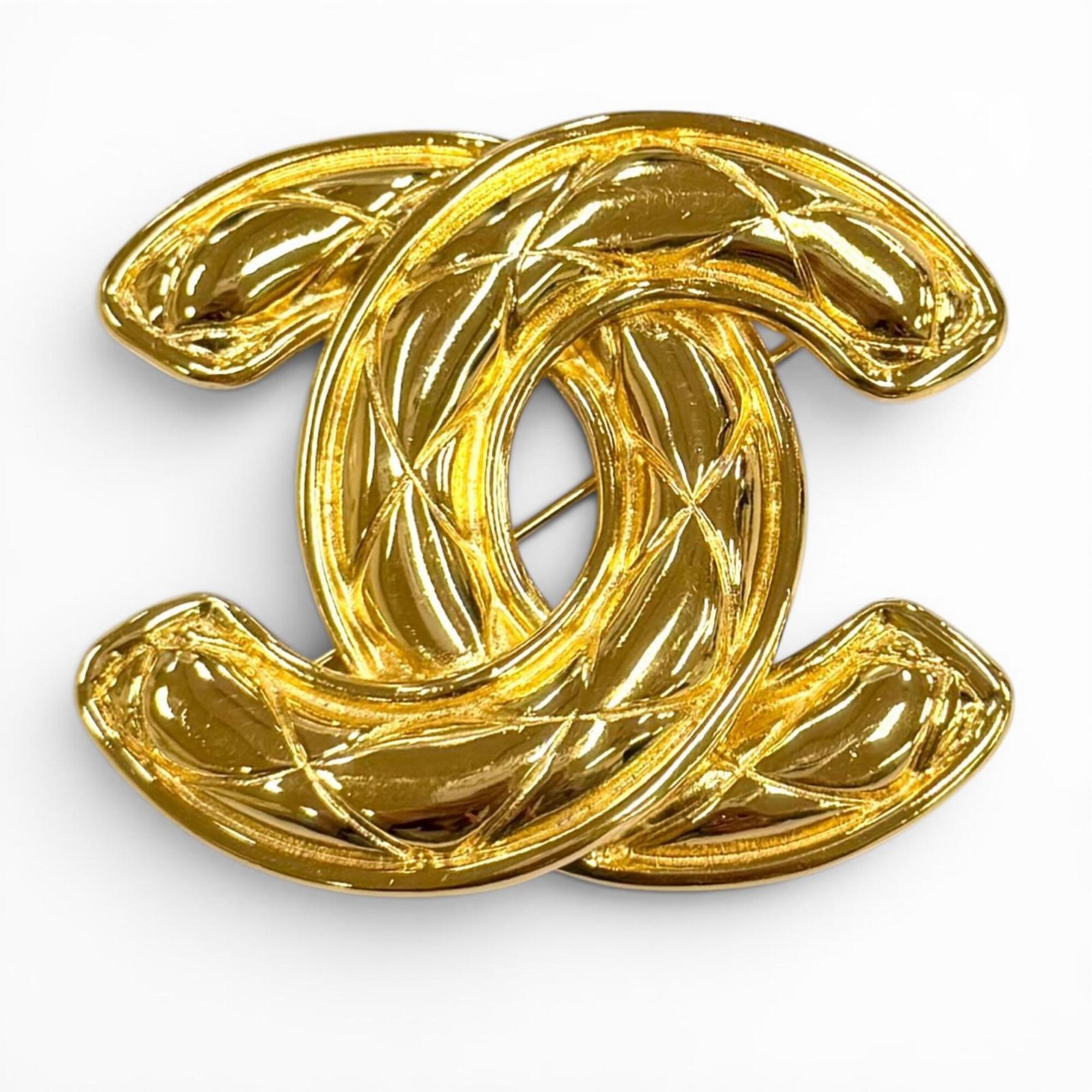 CHANEL Vintage Coco Mark Matelassé Brooch, Gold, Made in France, Women's Accessory — Like New