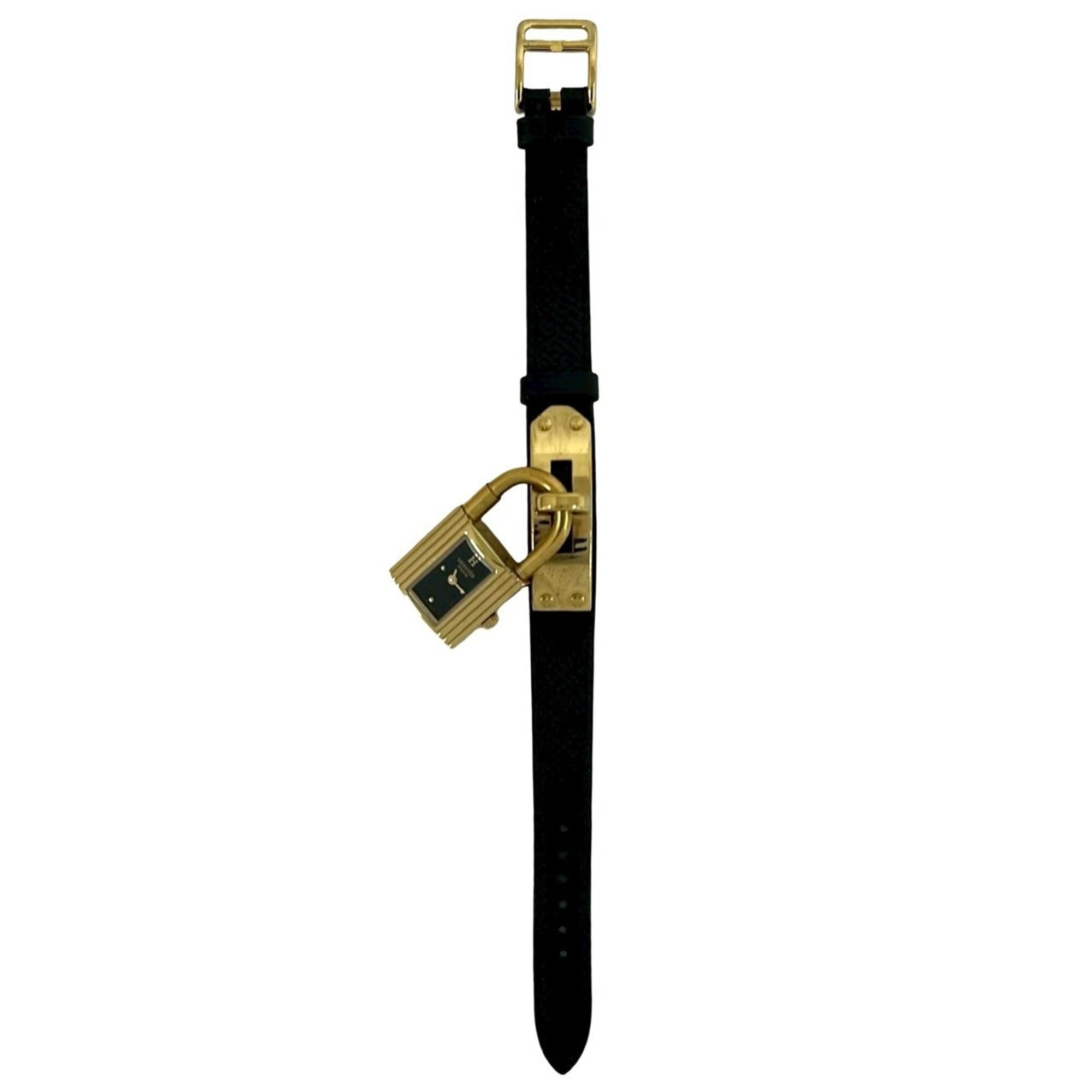 HERMES Vintage Kelly Watch, Leather, Genuine GP Finish, Wristwatch, Black & Gold, 82135 — Good