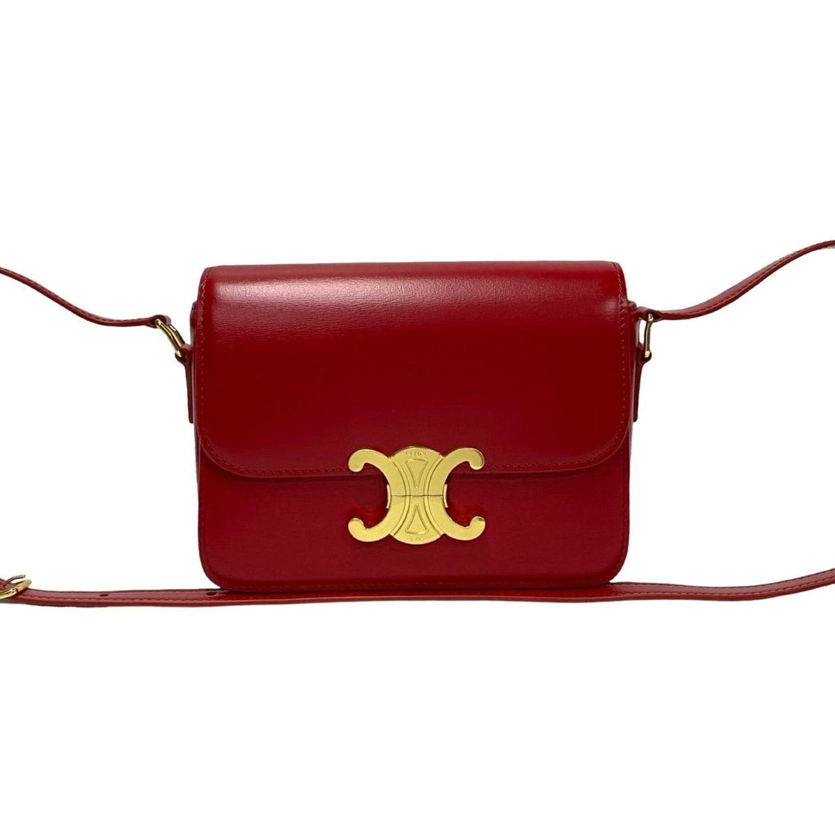 Unused, stored Celine Teen Triomphe logo hardware leather mini shoulder bag/pouch in red (23190) — Like New