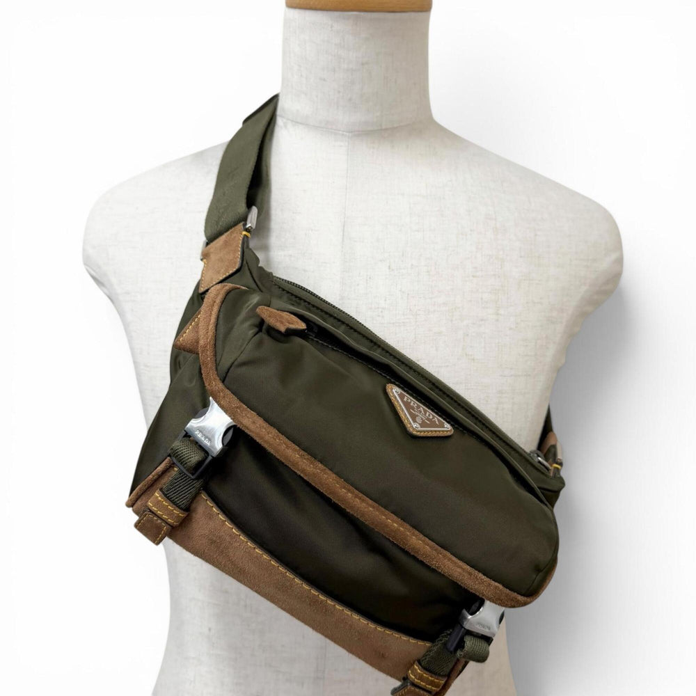 PRADA 2VH171 Re-Nylon Suede Leather Triangle Logo Body Bag, Khaki Brown, Made in Italy, Men's, with Dust Bag — Like New