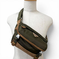 PRADA 2VH171 Re-Nylon Suede Leather Triangle Logo Body Bag, Khaki Brown, Made in Italy, Men's, with Dust Bag — Like New