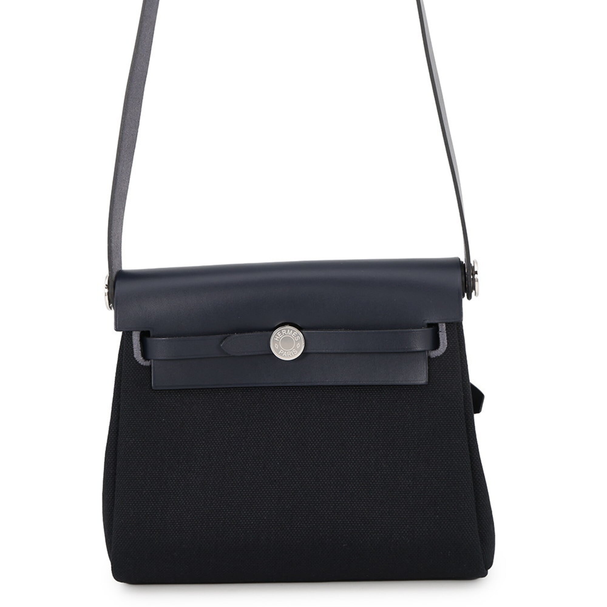 Hermes Shoulder Bag Herbag Zip Mini Black Blue Indigo Toile Military Vache Hunter K Stamp Handbag HERMES — Like New