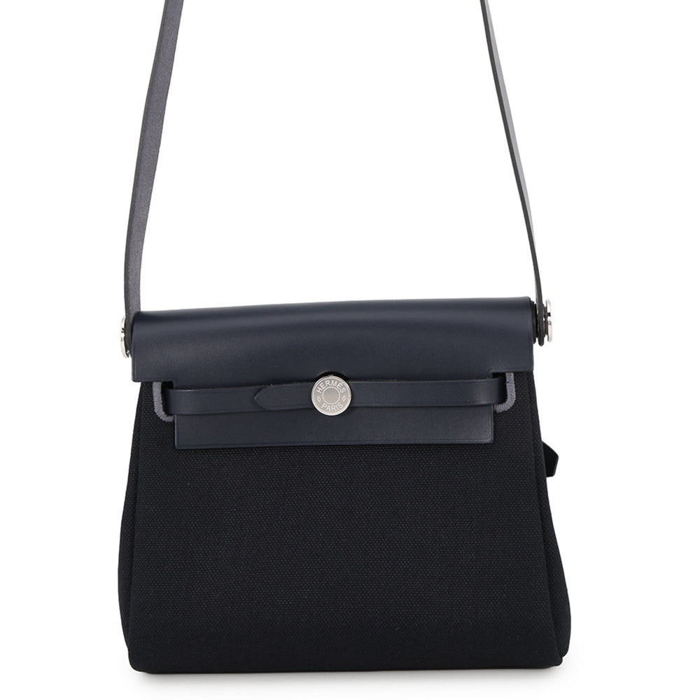 Hermes Shoulder Bag Herbag Zip Mini Black Blue Indigo Toile Military Vache Hunter K Stamp Handbag HERMES — Like New