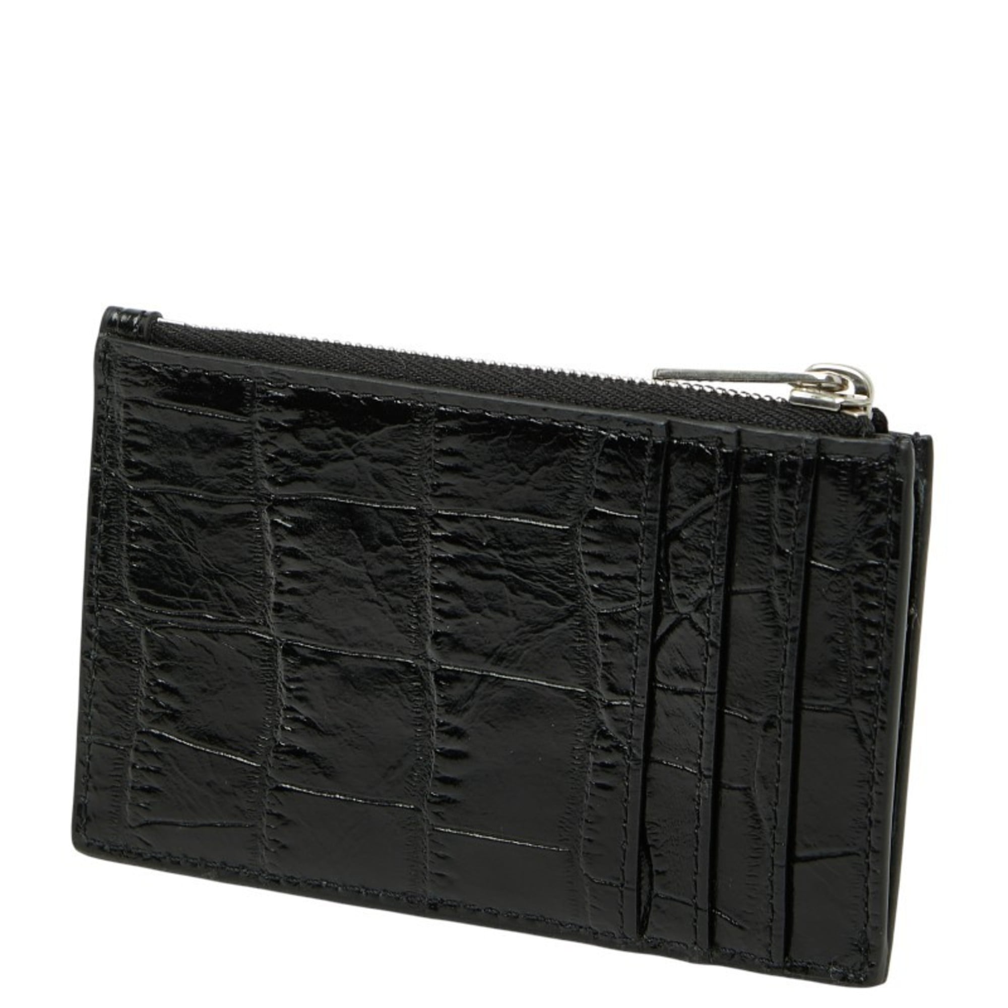 Celine Crocodile Embossed Wallet/Coin Case/Pass Case in Black Leather for Women