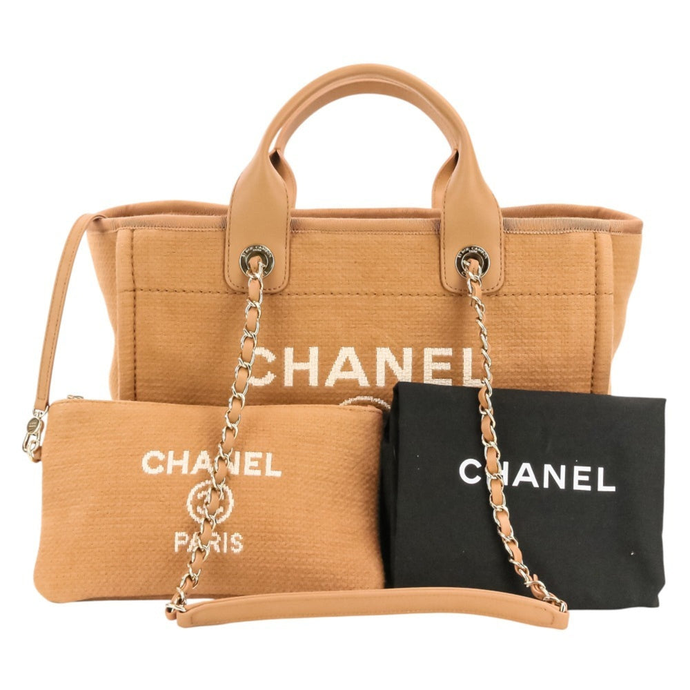 CHANEL Deauville MM Tote Bag, Chain Shoulder Handbag with Pouch, A67001 Pink Beige, Women's — Like New