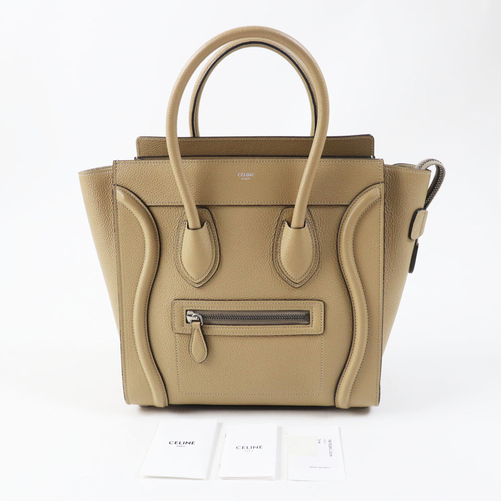 CELINE 18979 Luggage Micro Shopper Dune (Beige) Drummed Calfskin Handbag, Made in Italy, Women's — Like New