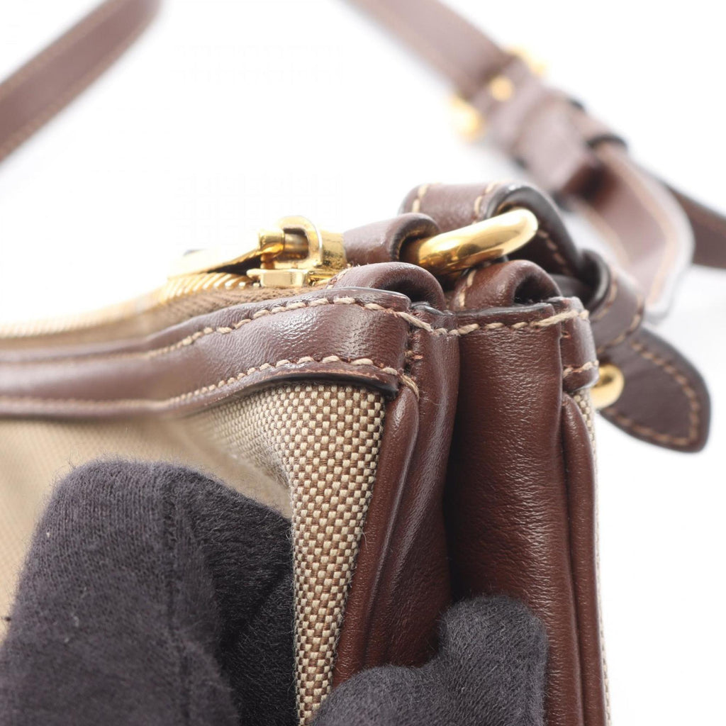 Prada Logo Jacquard Shoulder Bag, Canvas and Leather, Women's, Beige Brown, 1BH050