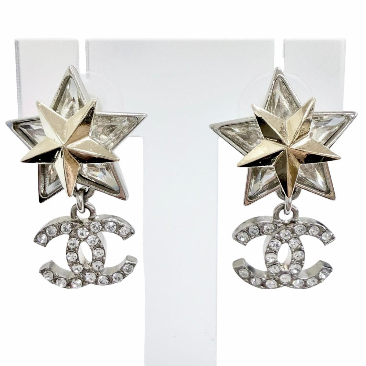 CHANEL C23S ABA907 Coco Mark Rhinestone Strass Star Crystal Swing Earrings (Pair) Champagne Gold Silver Made in France Women's — Like New