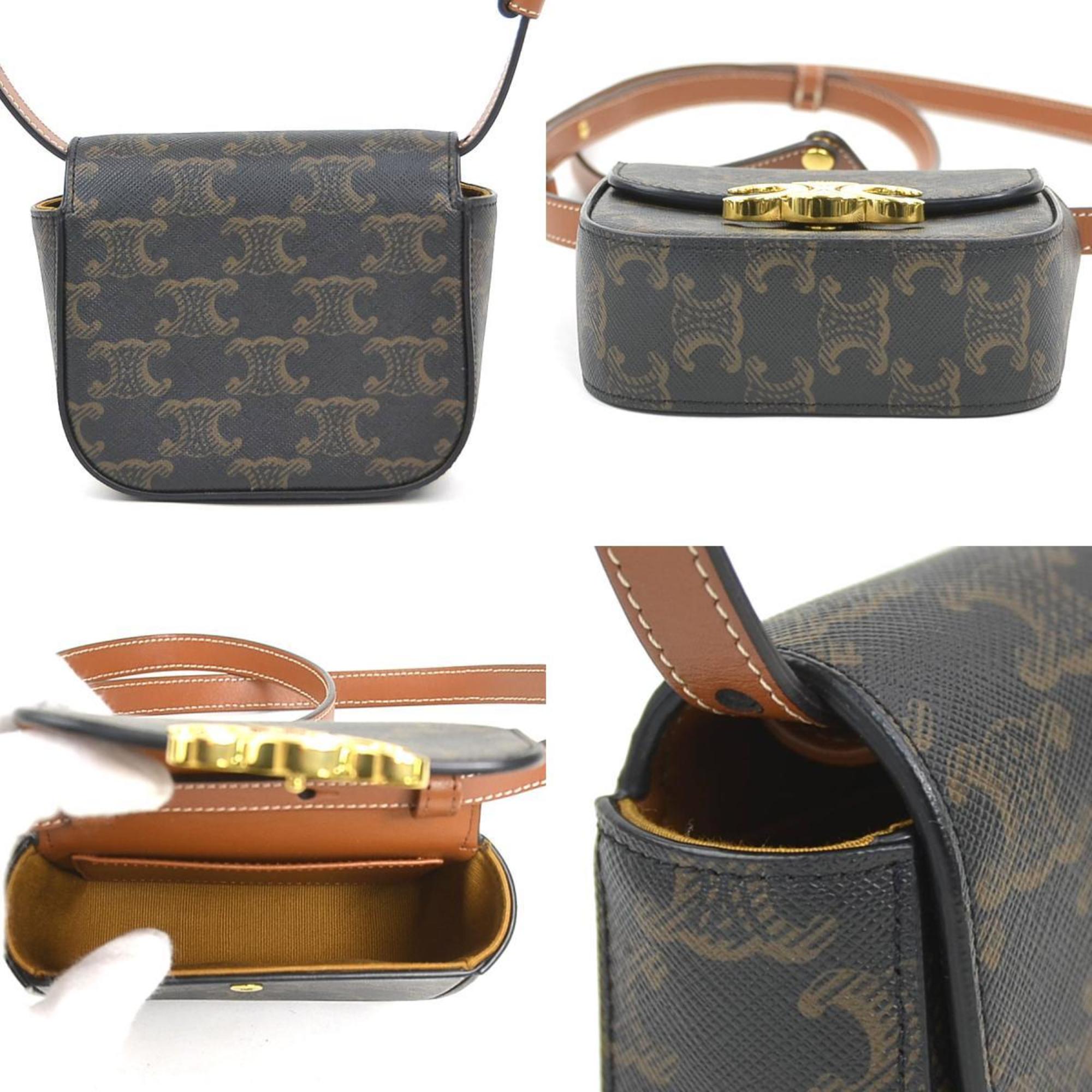 Celine Triomphe Mini Claude Shoulder Bag in Brown PVC-Coated Canvas, Women's, 90218a