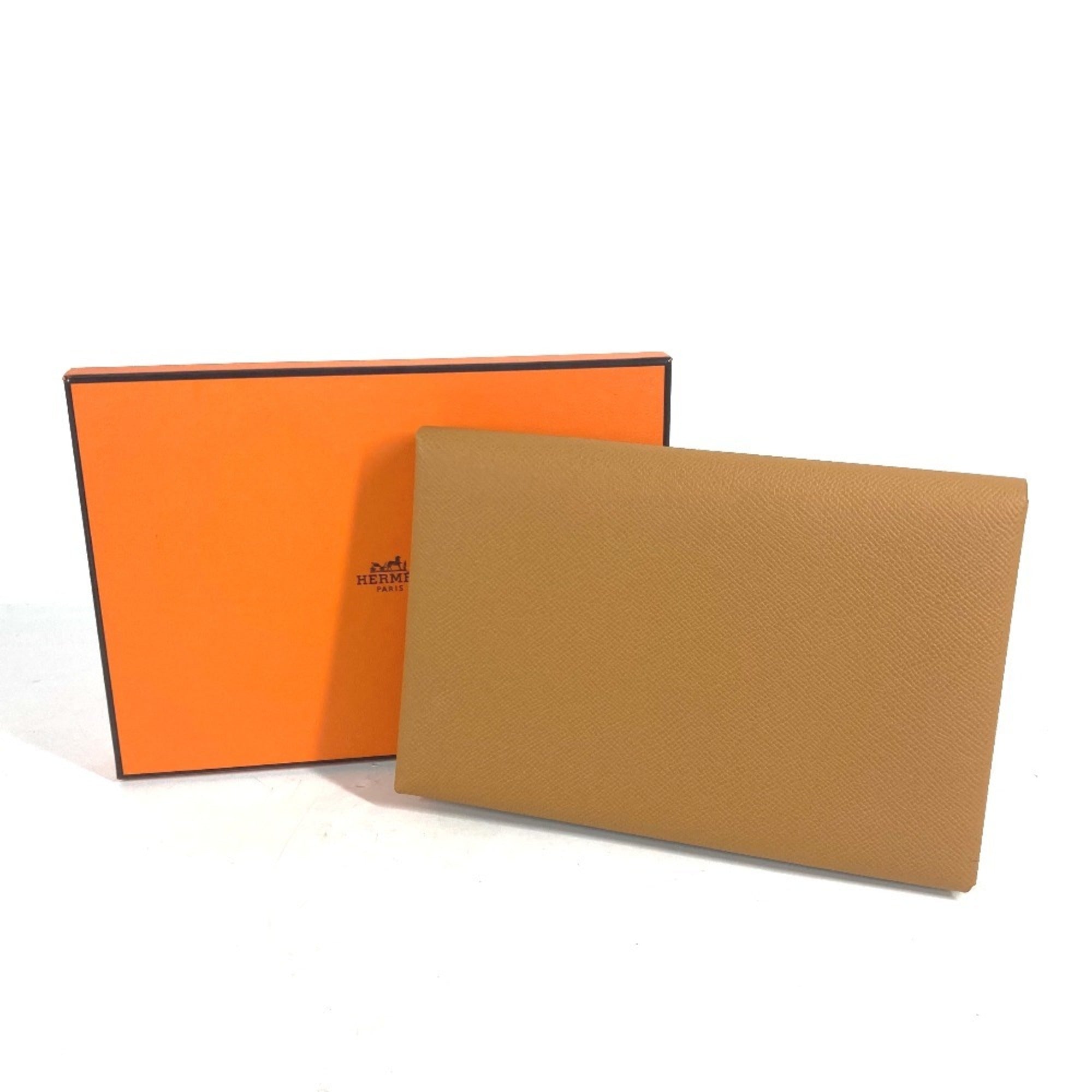 HERMES Calvi GM Flat Pouch with Pouch, Bifold Clutch Bag, Epsom Leather, Unisex, Brown and Pink, Like New — Like New