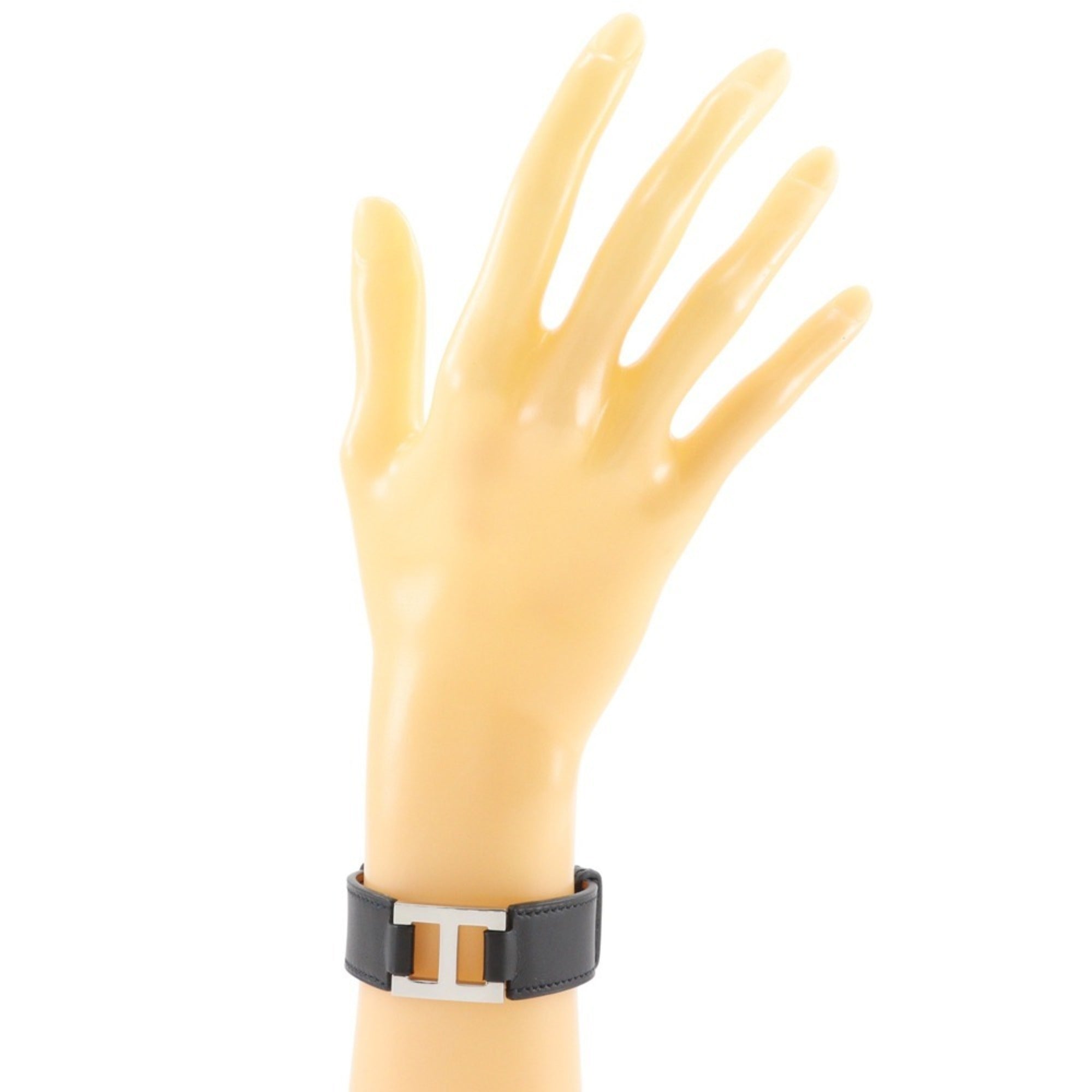 Hermes Hermès H logo bangle bracelet, Vau Chamonix, 2005, black with silver hardware, approximately 17g, logo, unisex