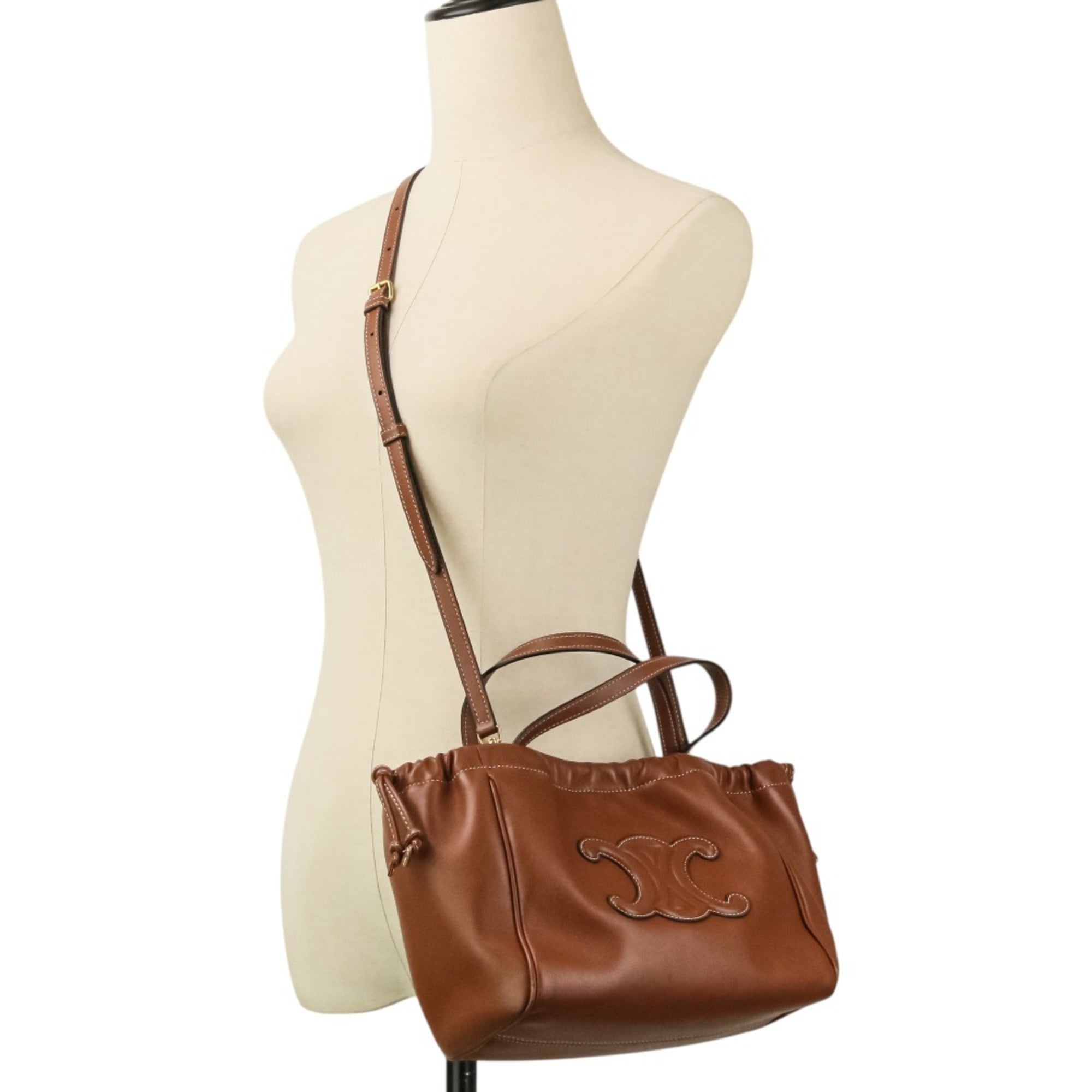 CELINE Small Cabas Drawstring Cuire Triomphe 2-way Handbag/Shoulder Bag, Brown, Women's — Like New