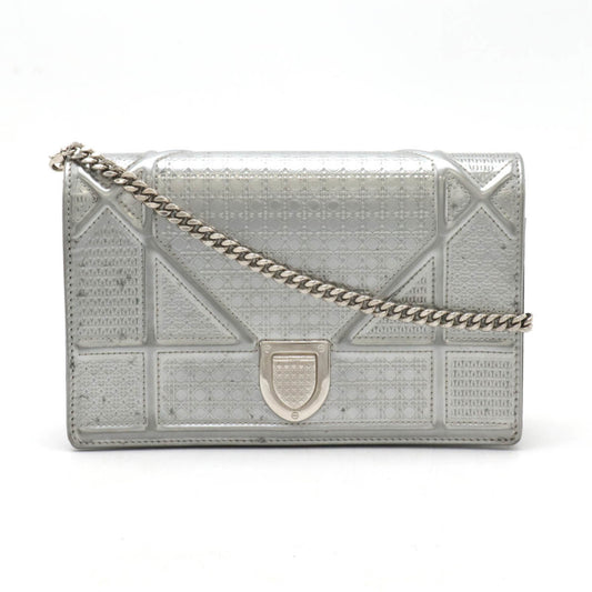 Christian Dior Diorama Chain Wallet Pochette Clutch Bag Patent Leather Metallic Silver