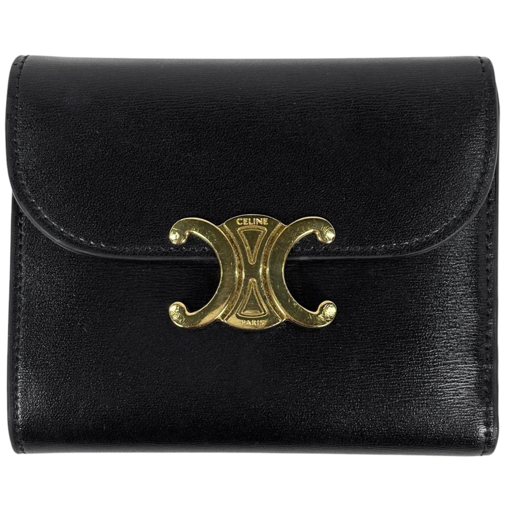 Celine Triomphe Small Flap Wallet, Tri-fold Leather, Black, Women's