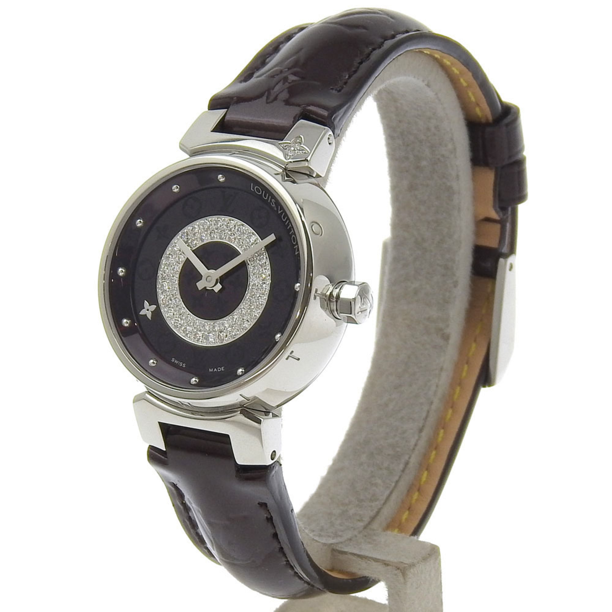 Louis Vuitton Tambour Watch Disc Diamant Amarante Q121U Stainless Steel x Monogram Vernis Diamond Quartz Analog Display Amarant Dial Women's — Good