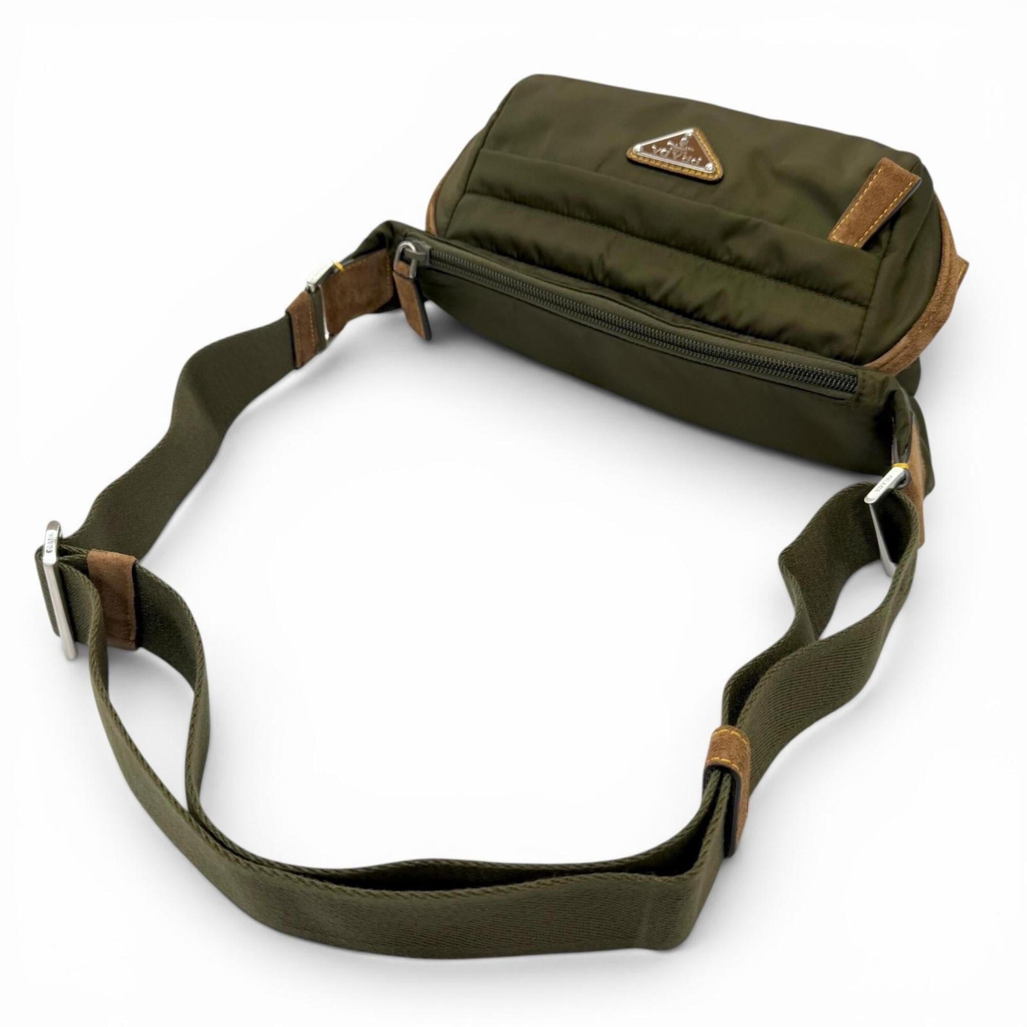 PRADA 2VH171 Re-Nylon Suede Leather Triangle Logo Body Bag, Khaki Brown, Made in Italy, Men's, with Dust Bag — Like New