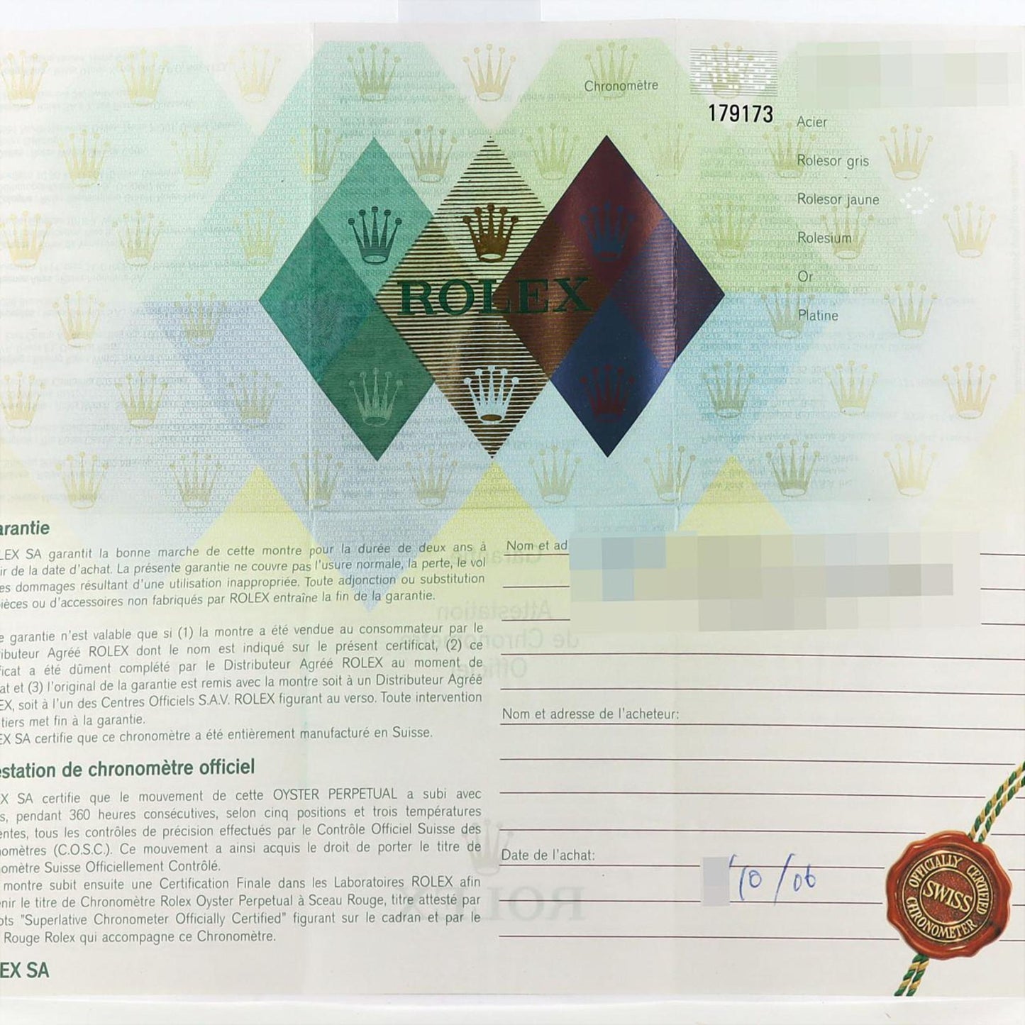 Rolex Datejust 179173OPG SSxYG Automatic Watch D Serial