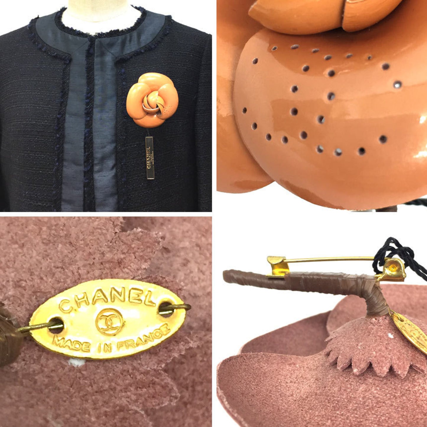 CHANEL Leather Camellia Corsage Brooch Pink Beige 01PA Chanel Women's