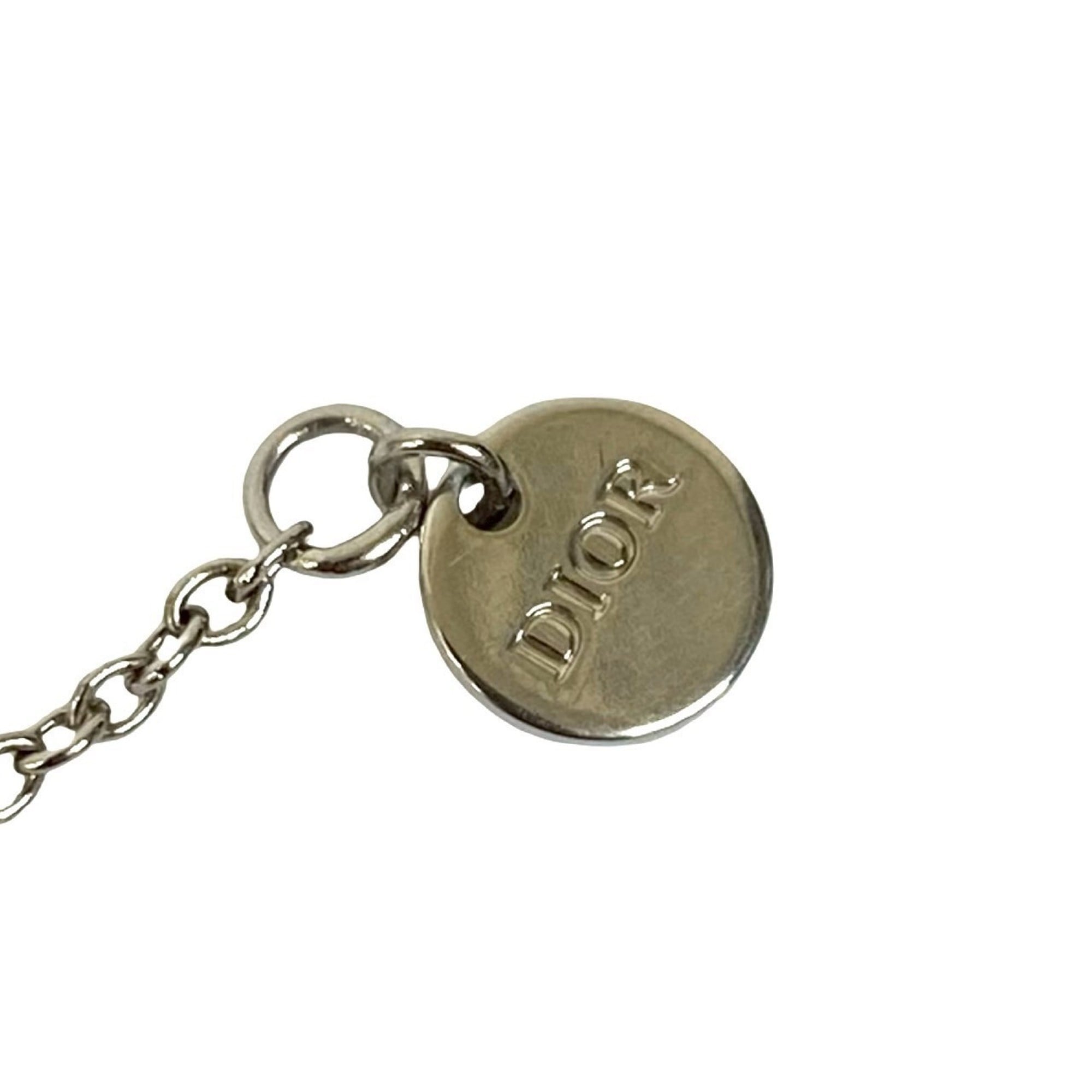 Christian Dior CD Metal Rhinestone Necklace Pendant Silver 29645