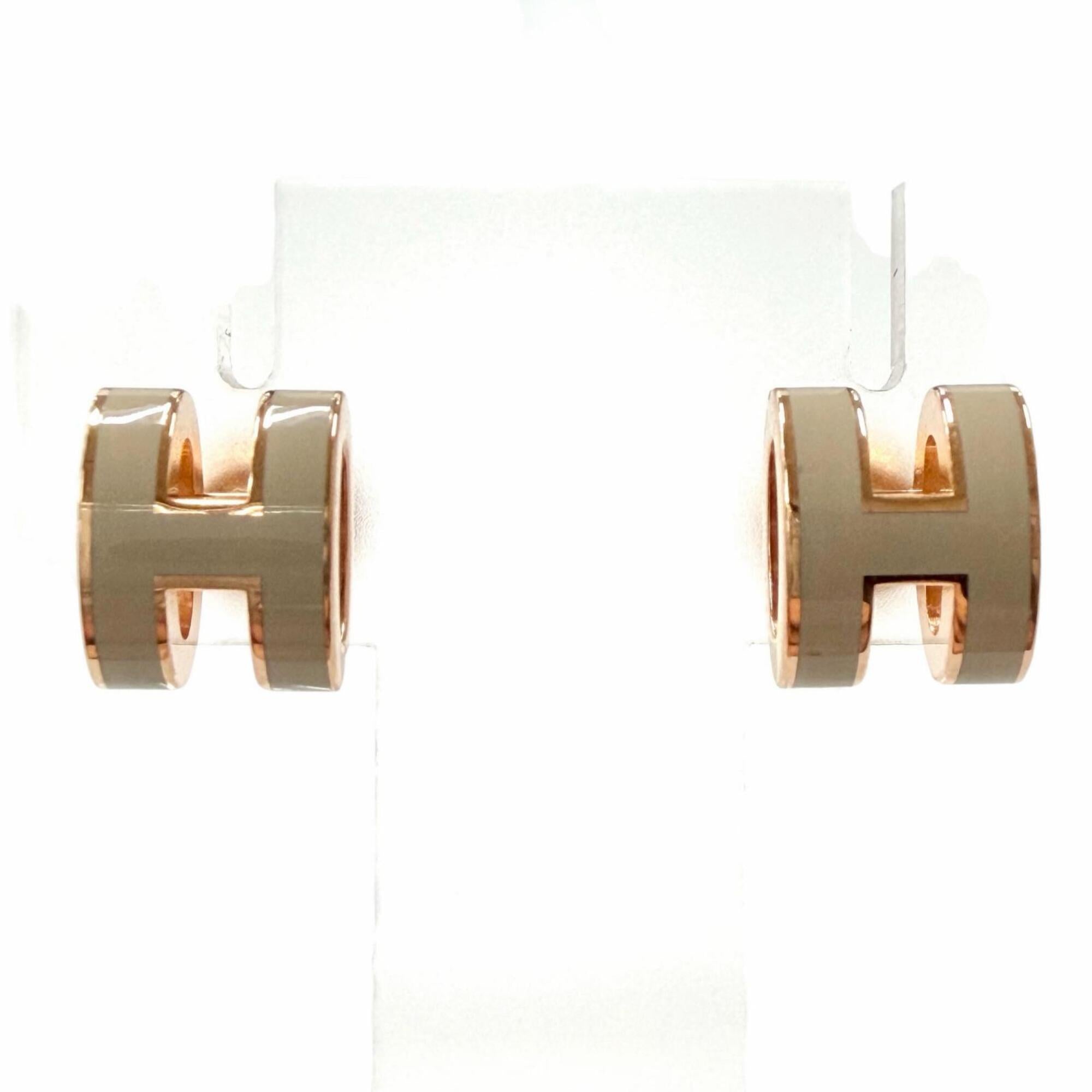 HERMES Mini Pop H Marron Glacé Rose Gold Earrings, Made in France, Women's, with Box and Dust Bag — Like New