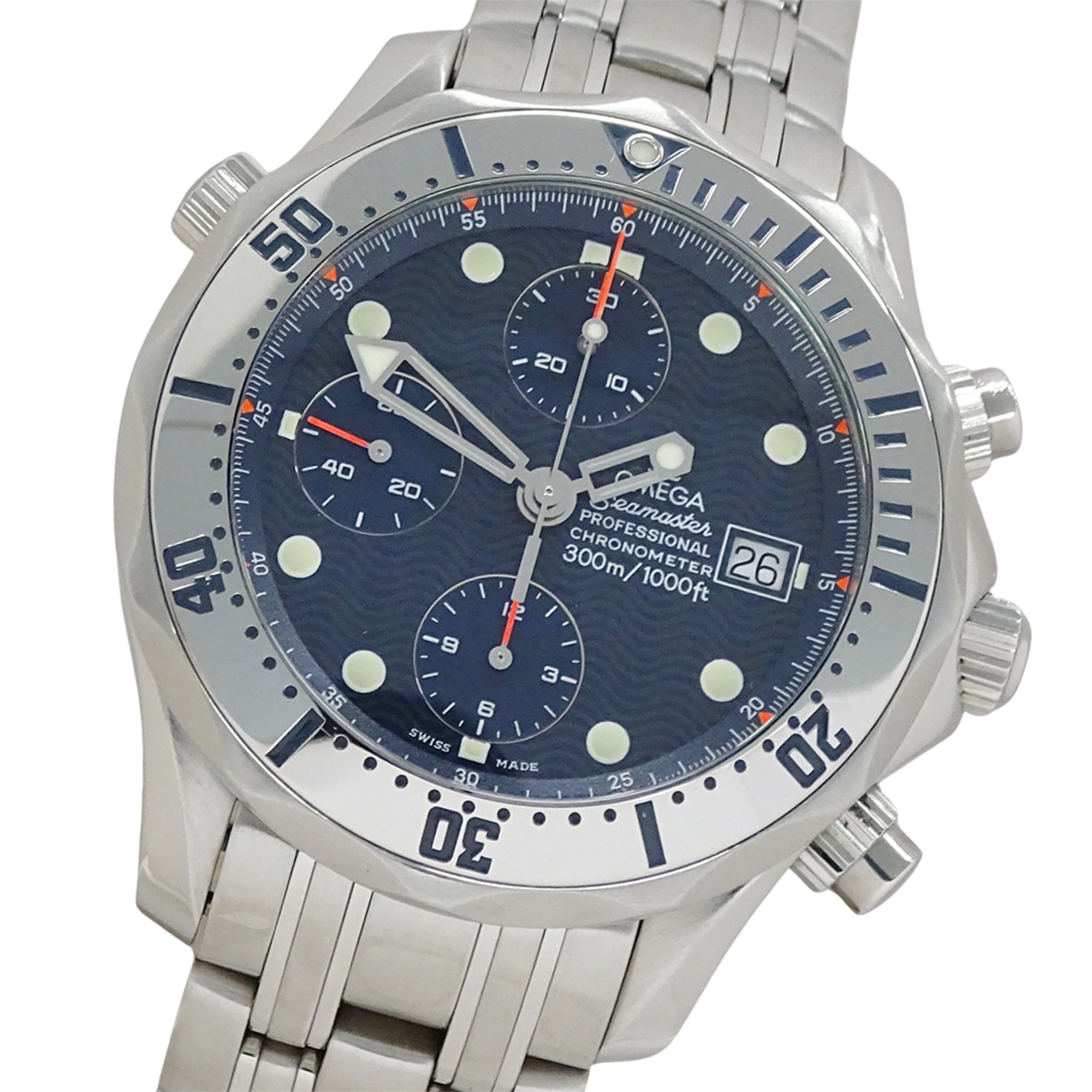 Omega Seamaster 2598.80 Men's Watch, Brand Name, 300m Water Resistant, Chronograph, Date, Automatic Movement, Stainless Steel (SS), Silver/Navy — Good