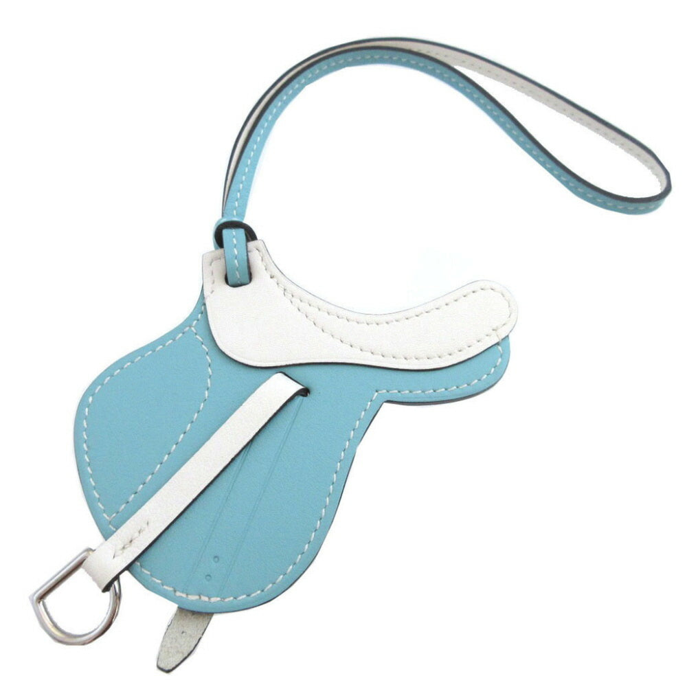 Like new Hermes Paddock Cells Swift Blue Atoll White Bag Charm Keychain 1355HERMES — Like New