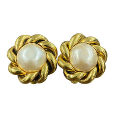 CHANEL Vintage Rope Twist Design Faux Pearl Earrings, Gold and White, Women's — Like New