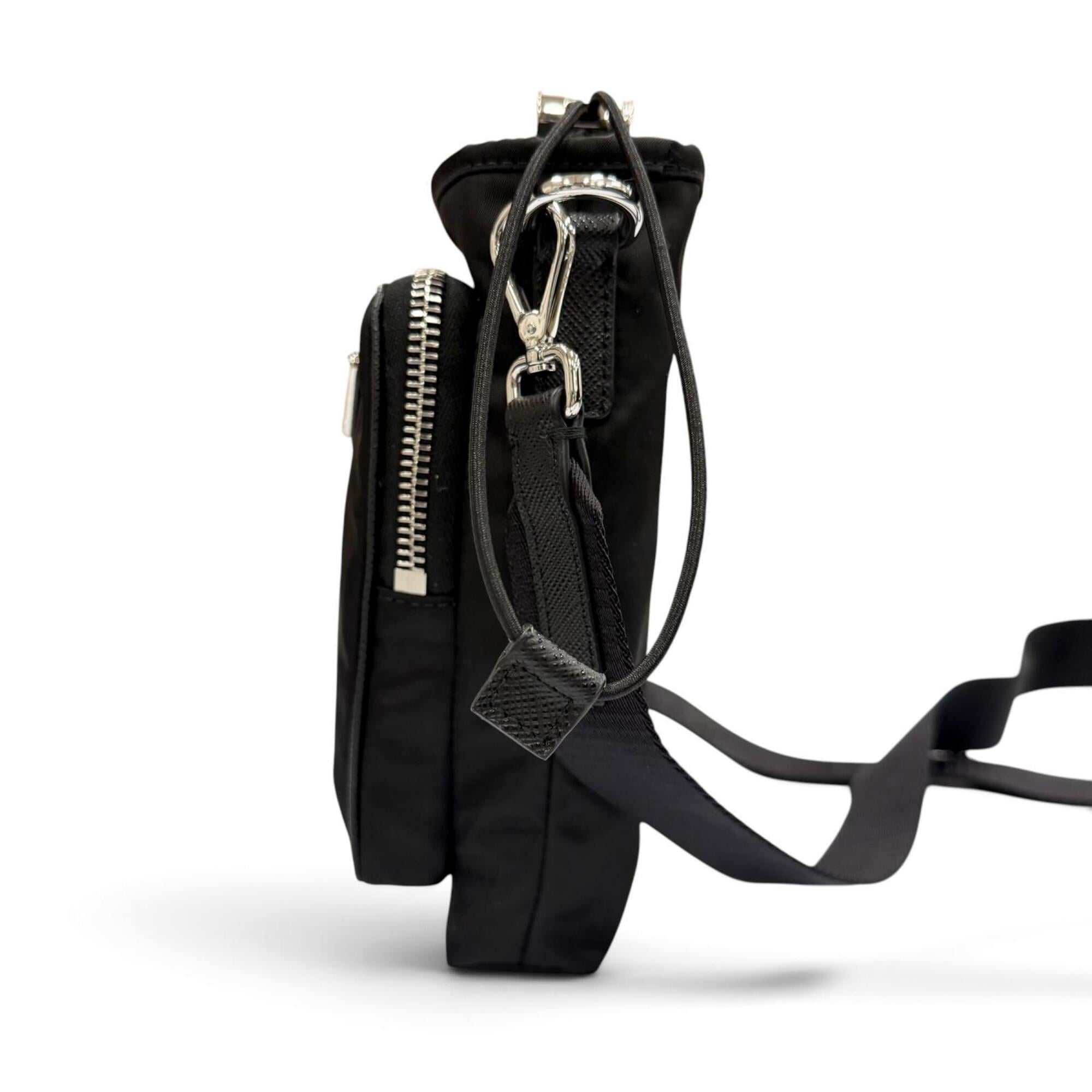 PRADA 2ZH155 Nylon Leather Re-Nylon Triangle Logo Plate Phone Case Shoulder Bag Black Silver Hardware Made in Italy Men's Comes with Box — Like New