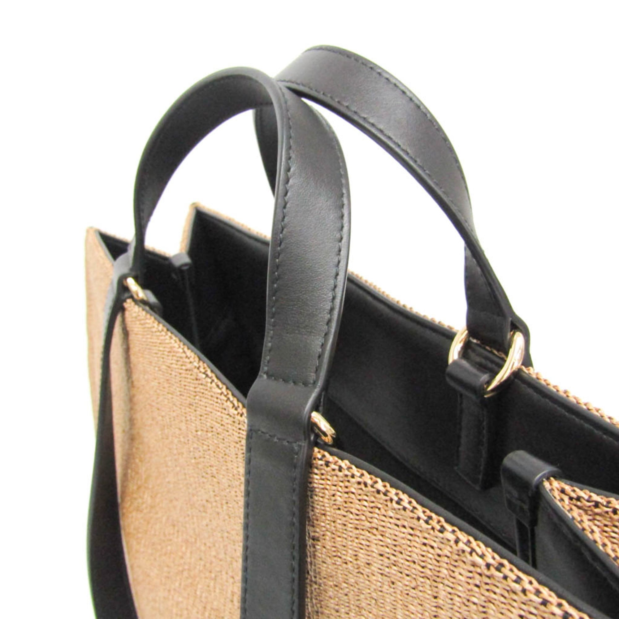 Salvatore Ferragamo Medium GG-219406 Women,Men Fabric,Leather Handbag,Tote Bag Beige,Black — Like New