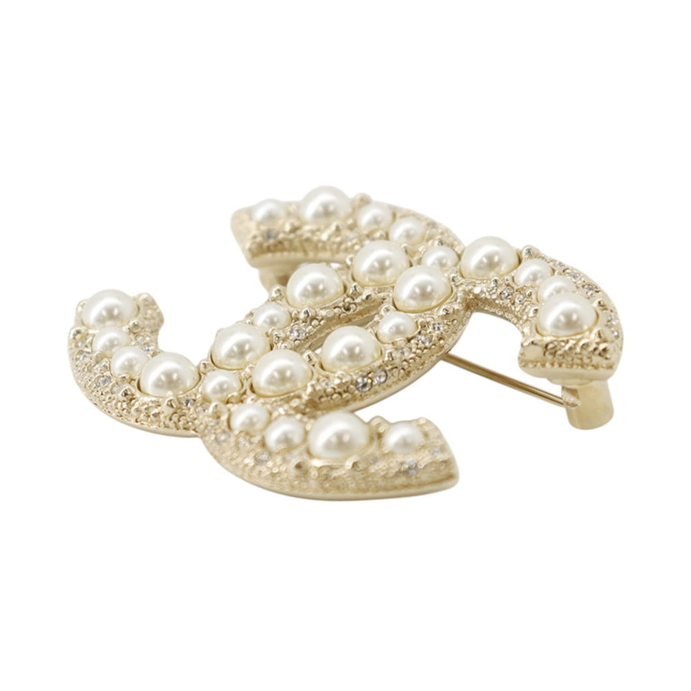 Chanel Brooch, Coco Mark Rhinestone, Faux Pearl, Metal, F24V A64762 CHANEL Brooch BROACH — Like New