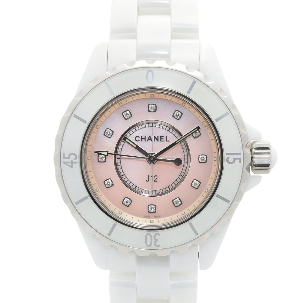 Chanel J12 12-Diamond Watch, Ceramic, Diamond, Ladies, Pink Tone, Shell, H5513 — Very Good
