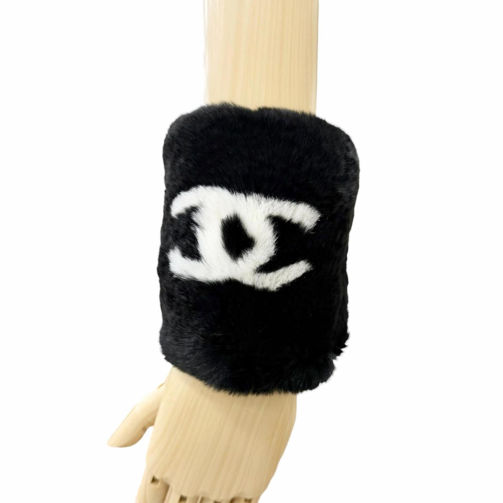 CHANEL Coco Mark Lapin Fur Wristband Bangle Bracelet, Black & White, Made in France, Women's, Comes with Box, Highly Recommended! — Like New
