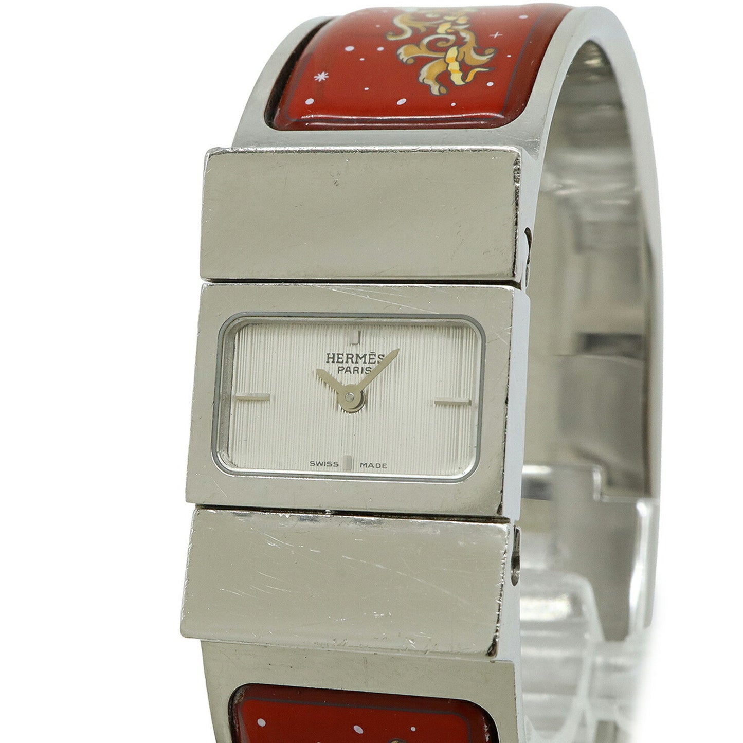 HERMES Locé Silver Dial Bangle GP Enamel Women's Quartz Watch LO1.210