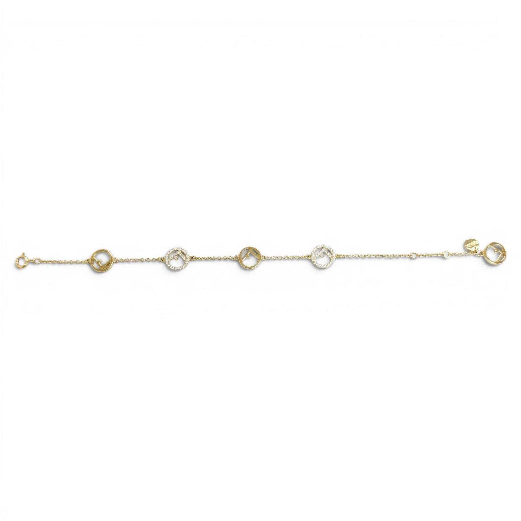 FENDI 8AG761 F is Fendi Bracelet, Logo Plate, Rhinestones, Gold, Made in Italy, Women's, with Box — Like New